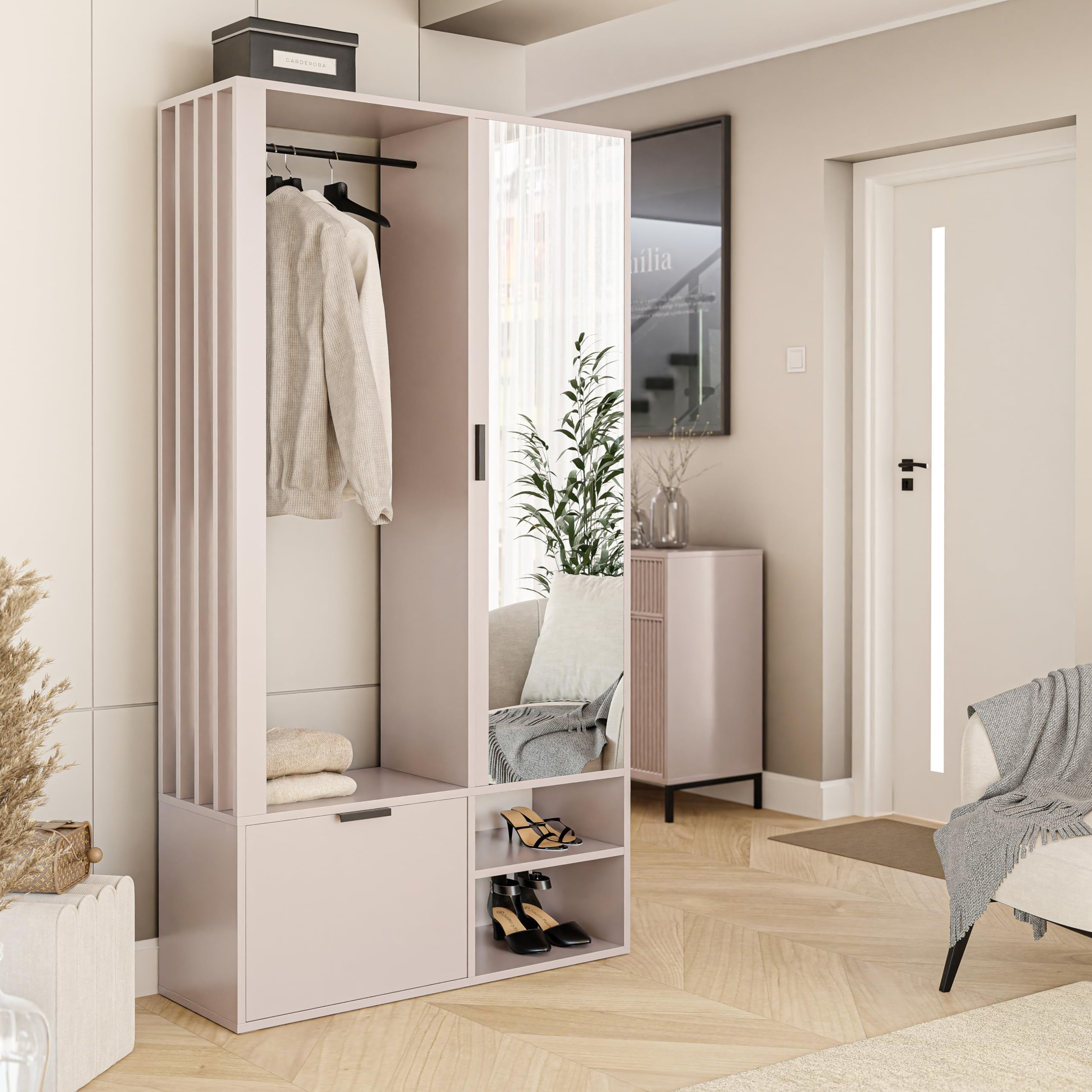 GREKPOL Garderobe Set mit Spiegel 100x33x190 cm Cashmere Garderobenschrank Flur mit Regalböden und Kleiderhaken