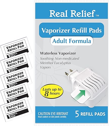 Real Relief - Almohadillas de repuesto de vaporizador sin agua con 5 almohadillas de repuesto de vapor de eucalipto mentol no medicadas (el embalaje Real Relief - Almohadillas de repuesto de vaporizador sin agua con 5 almohadillas de repuesto de vapor de eucalipto mentol no medicadas (el embalaje