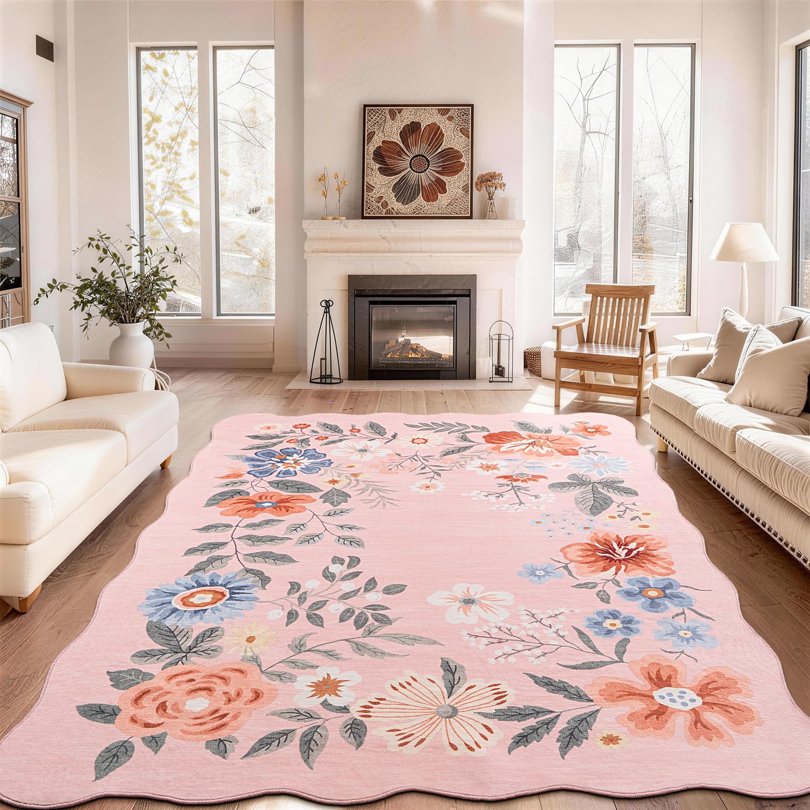SOANNY Floral Living Room Rug, Large Boho Area Carpet, Soft Low Pile Washable Non Slip Stain Resistant Rugs for Bedroom Entryway ‎‎‎‎Nursery Office Dining Room Office, 200x300 cm, Scalloped Pink