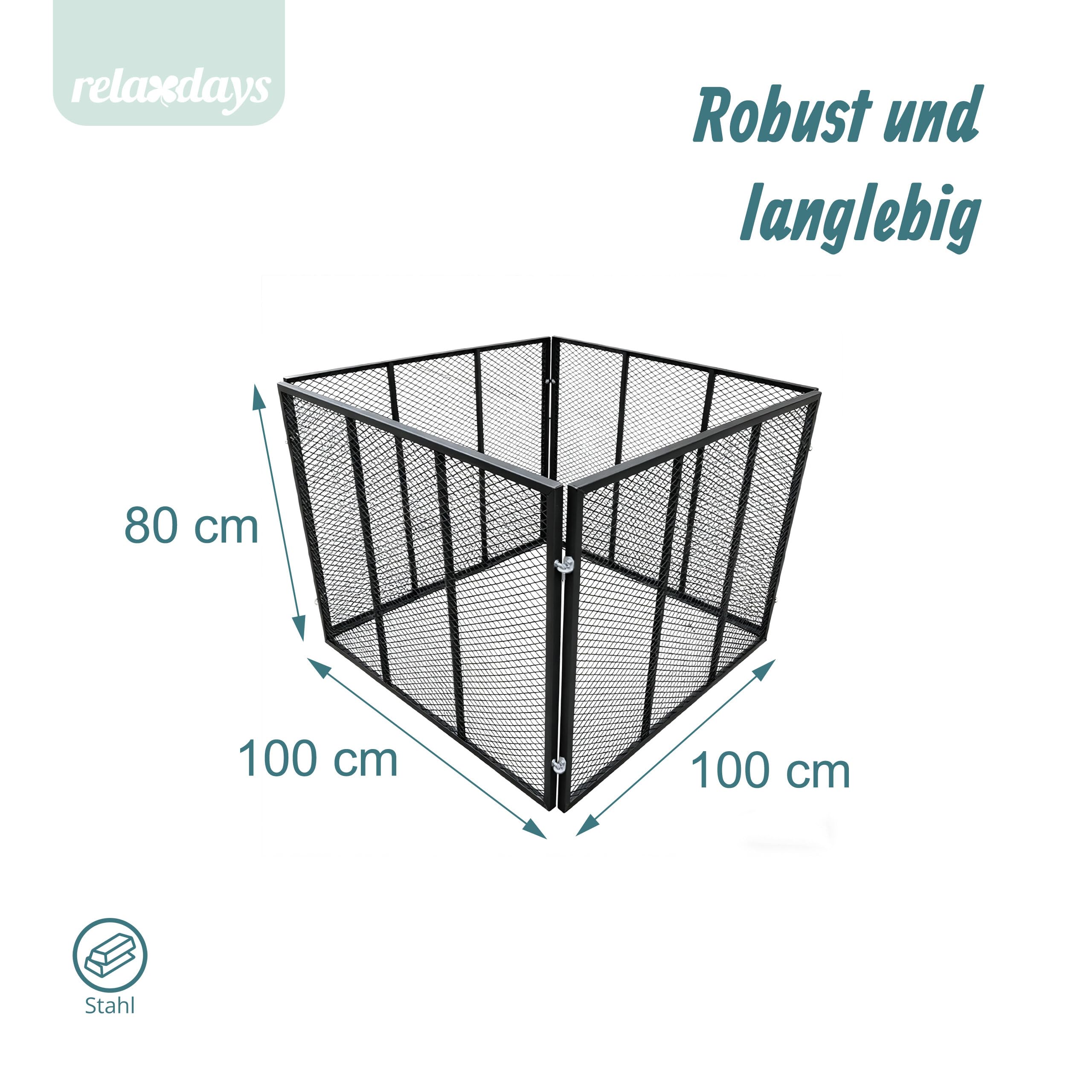 Relaxdays Komposter Metall, Biokomposter Garten, HBT: 80 x 100 x 100 cm, 800 Liter, Laubkomposter Gitter, Stahl, schwarz