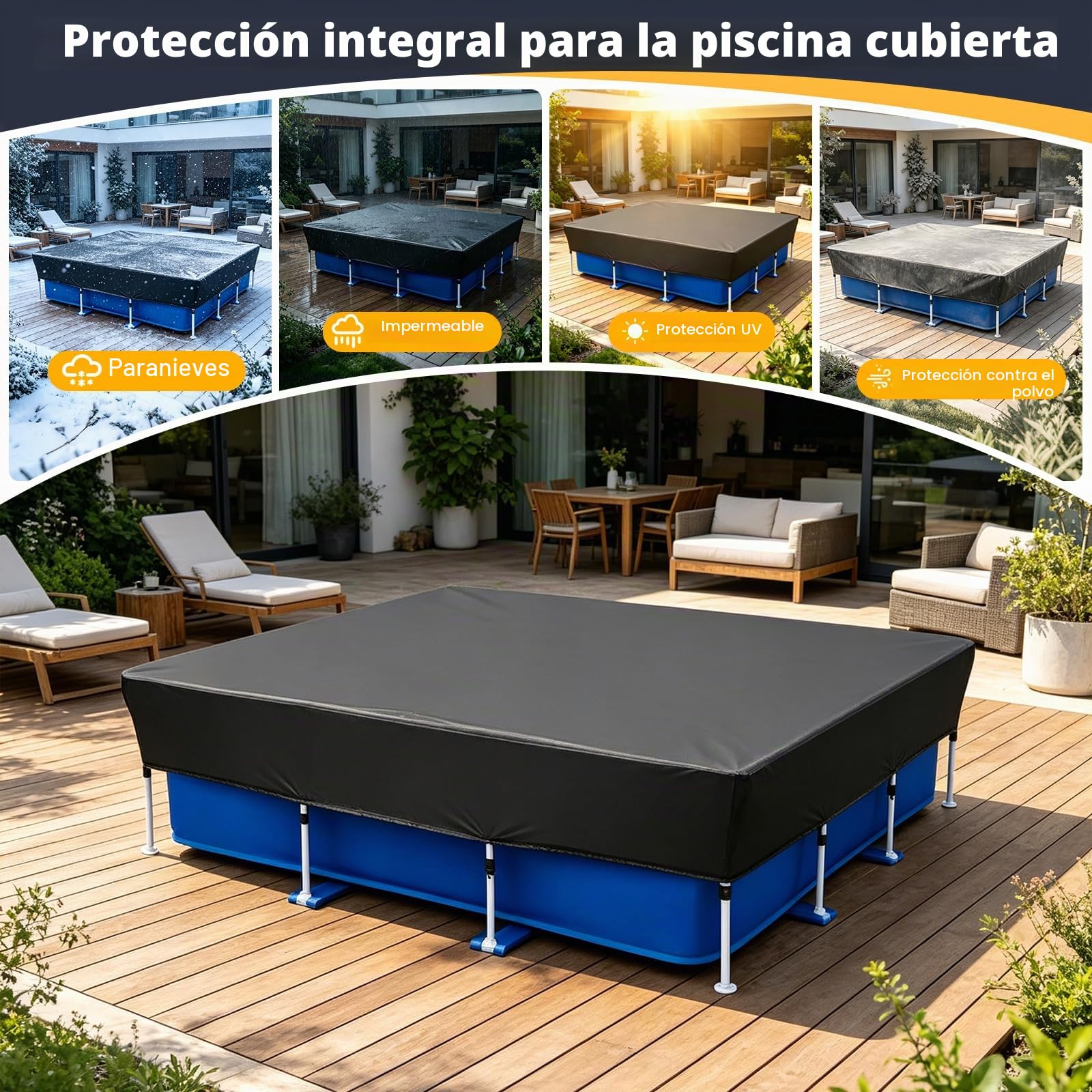 Cubierta de piscina rectangular, con cordones, para piscina con marco rectangular, resistente al polvo, impermeable, cubierta de piscina rectangular, protección UV, marco de piscina (400 x 215 cm)