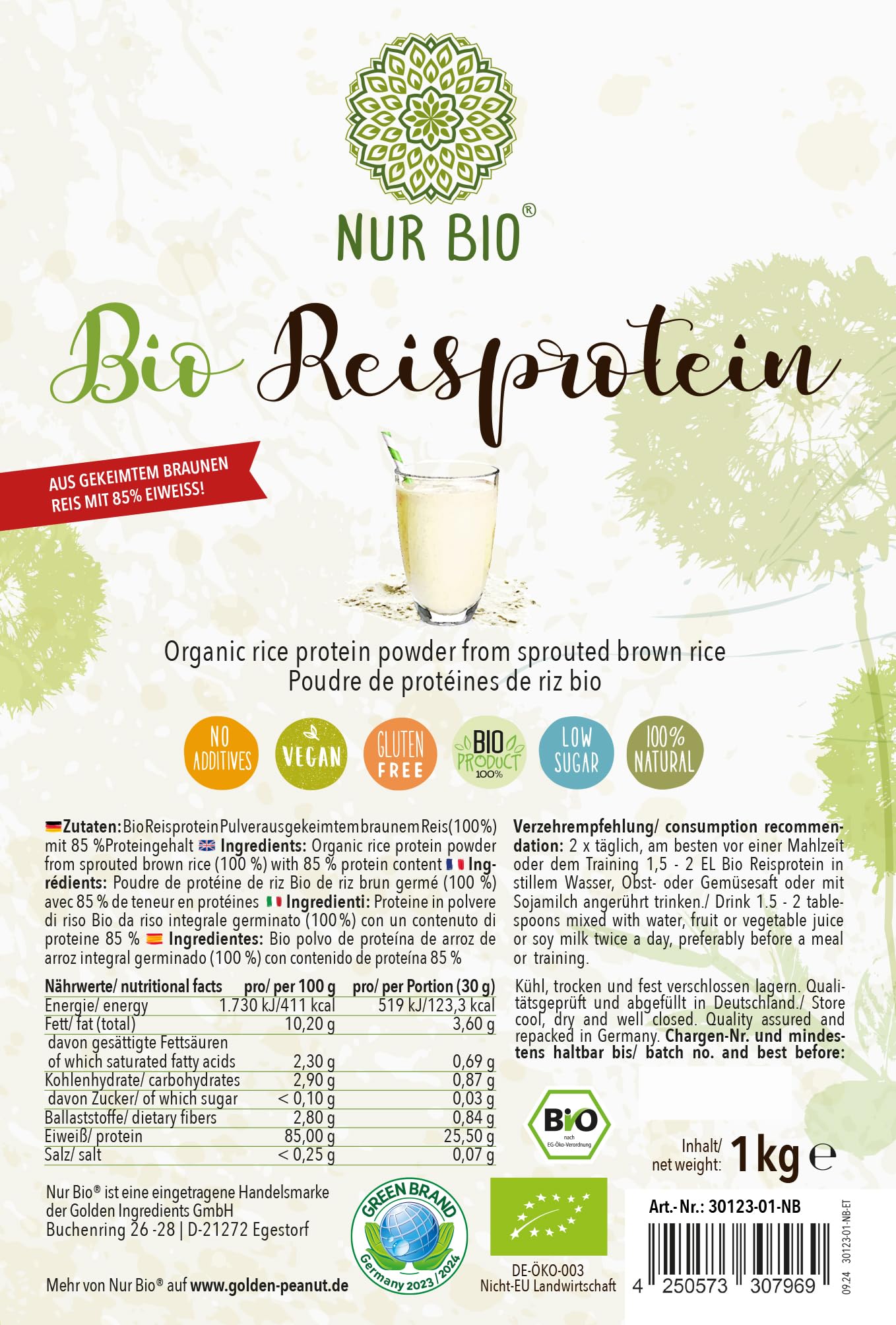 Reisprotein 1 kg 85% Eiweiß pflanzliches Protein pur aus braunem gekeimten Reis vegan