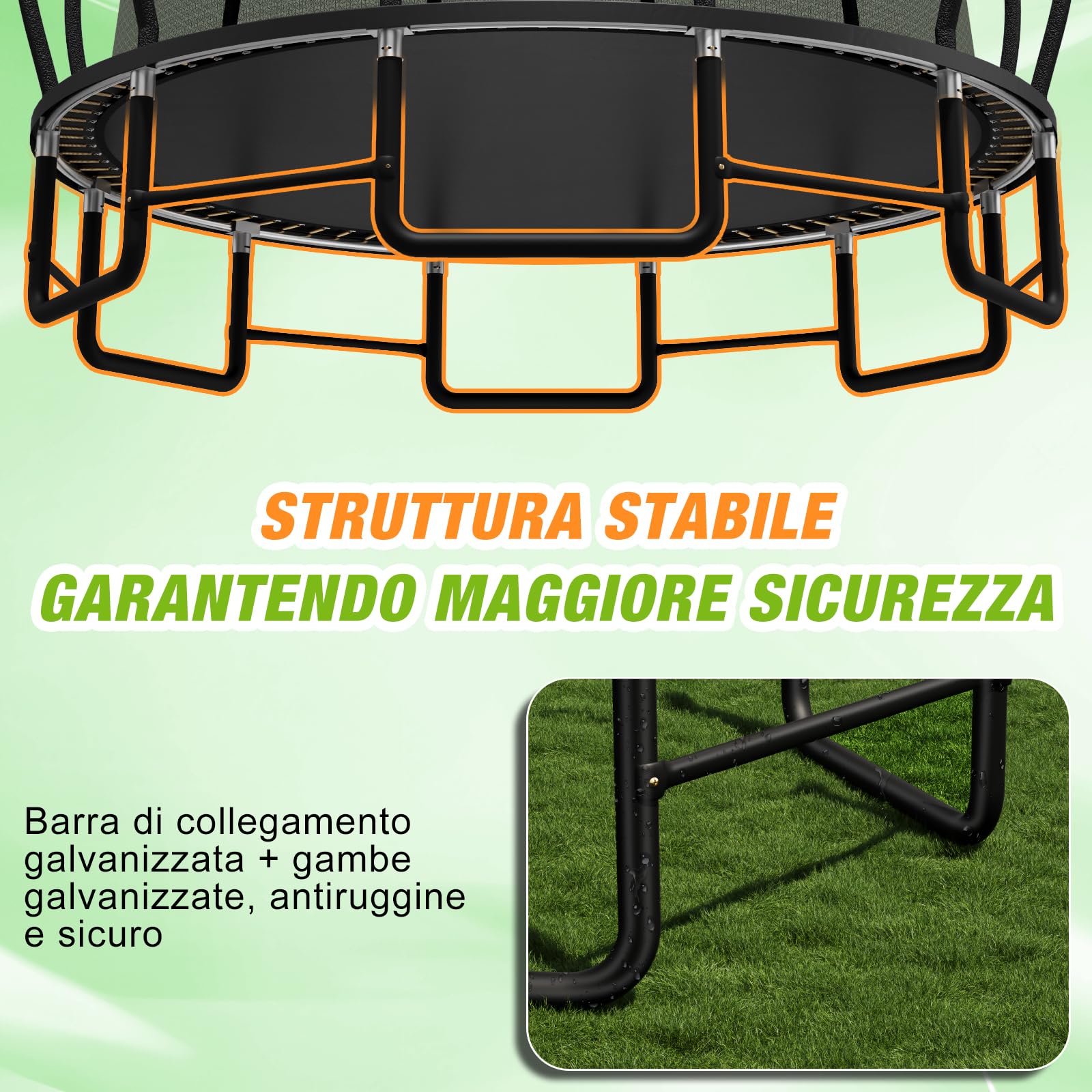 Devoko Trampolino Esterno Ø228/305/366/427cm, Traverse gambe rinforzate, Struttura stabile e resistente. Portata 160kg, Costruzione monoblocco, Montaggio rapido. Adatto a bambini e adulti.