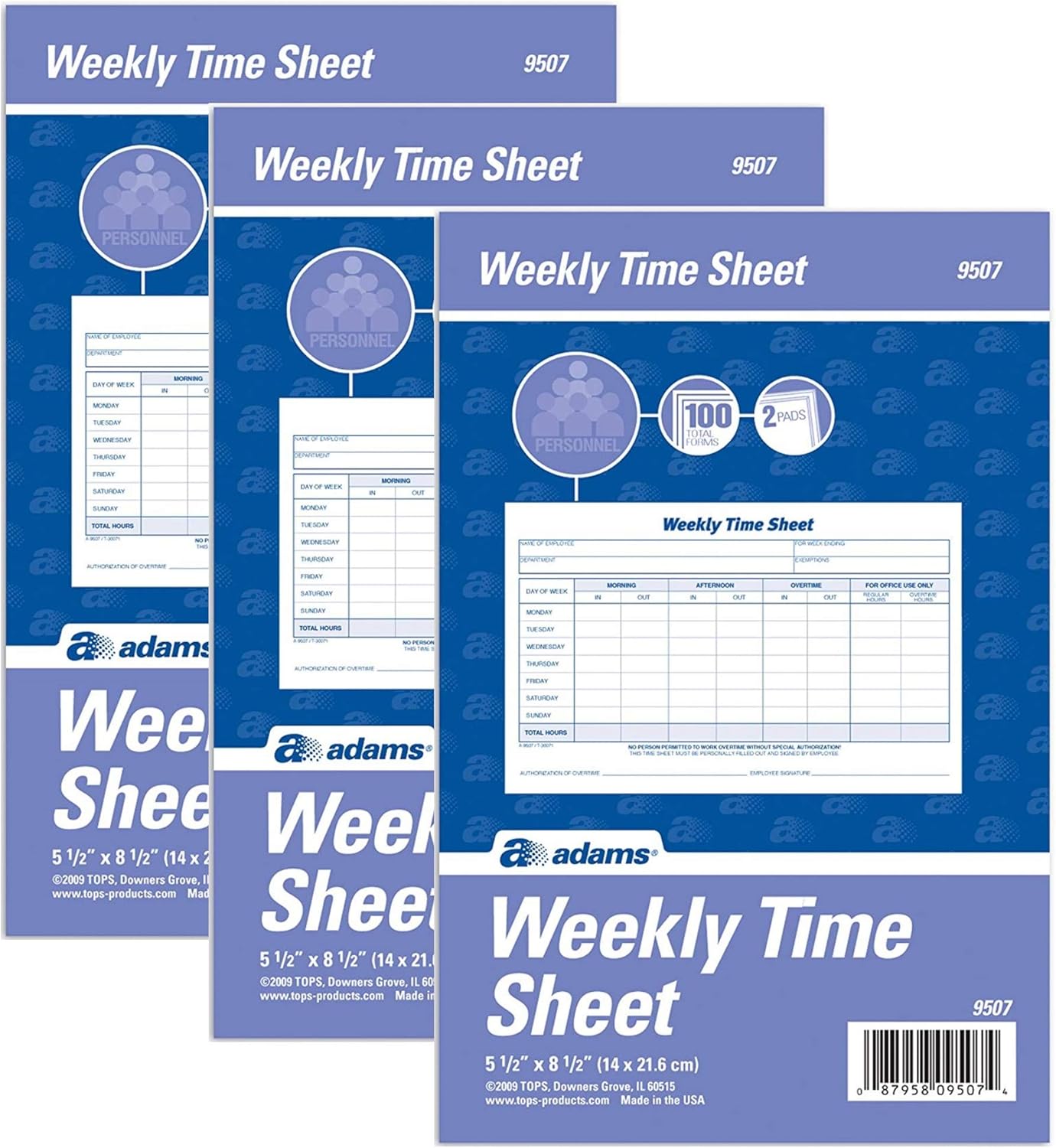 3 X Adams Weekly Time Sheet, 1-Part, 5.5 x 8.5 Inches, Blue/White, 100 Sheets Per Pad, 2 Pack (9507ABF)