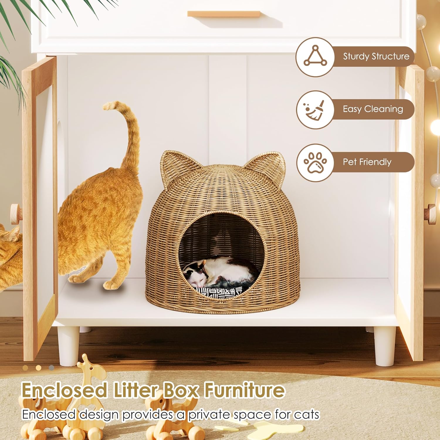 Cat Litter Box Enclosure, Dog Proof Hidden Litter Box Furniture with Charging Station, Cat Washroom Cabinet with Storage Drawer, Large Indoor Pet House with Scrathing Door, Beige White
