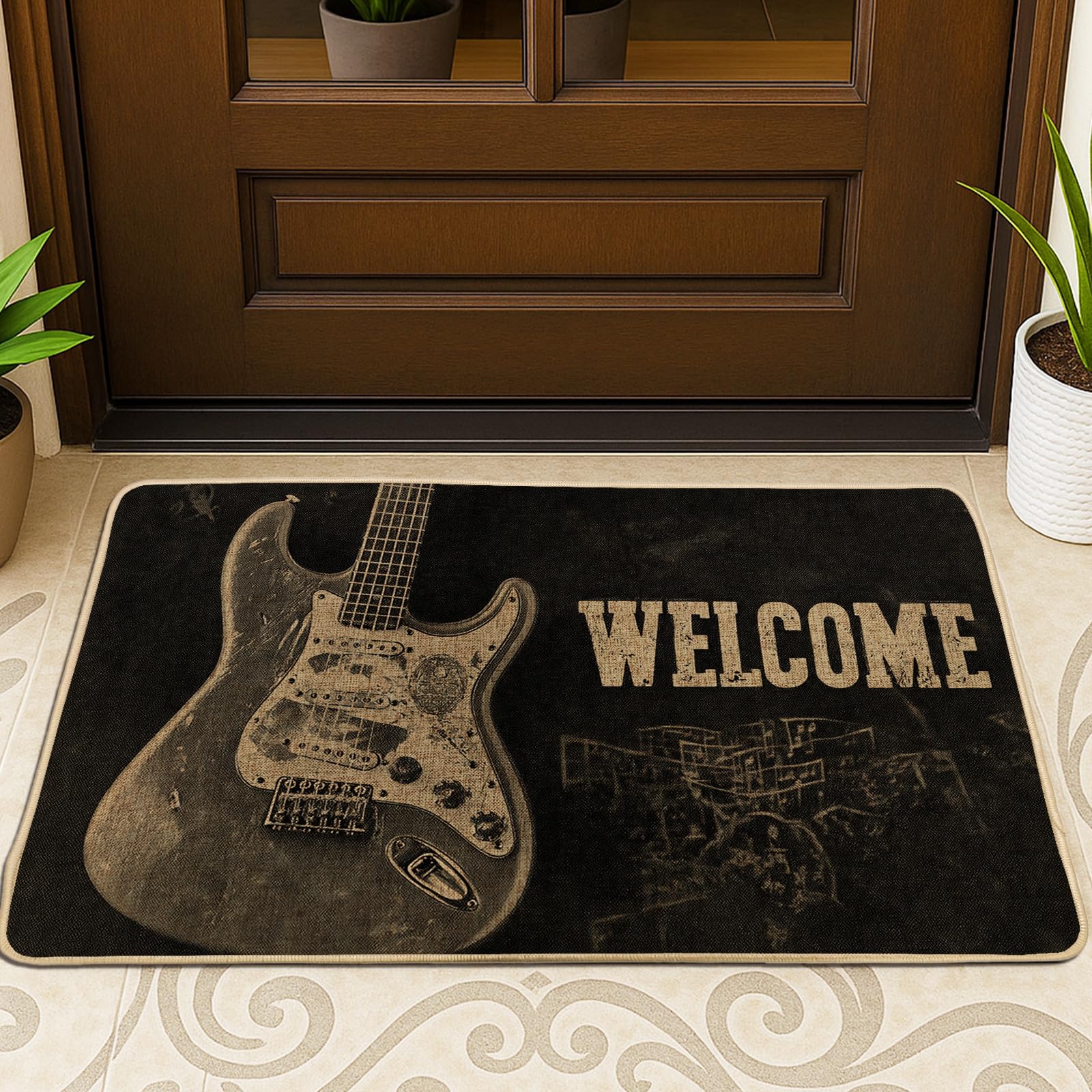 Guitar Welcome Doormat, Black Rock Music Entrance Mat for Indoor & Outdoor Decor, Non-Slip Rubber Dust Control, Easy to Clean 29x17 Inch
