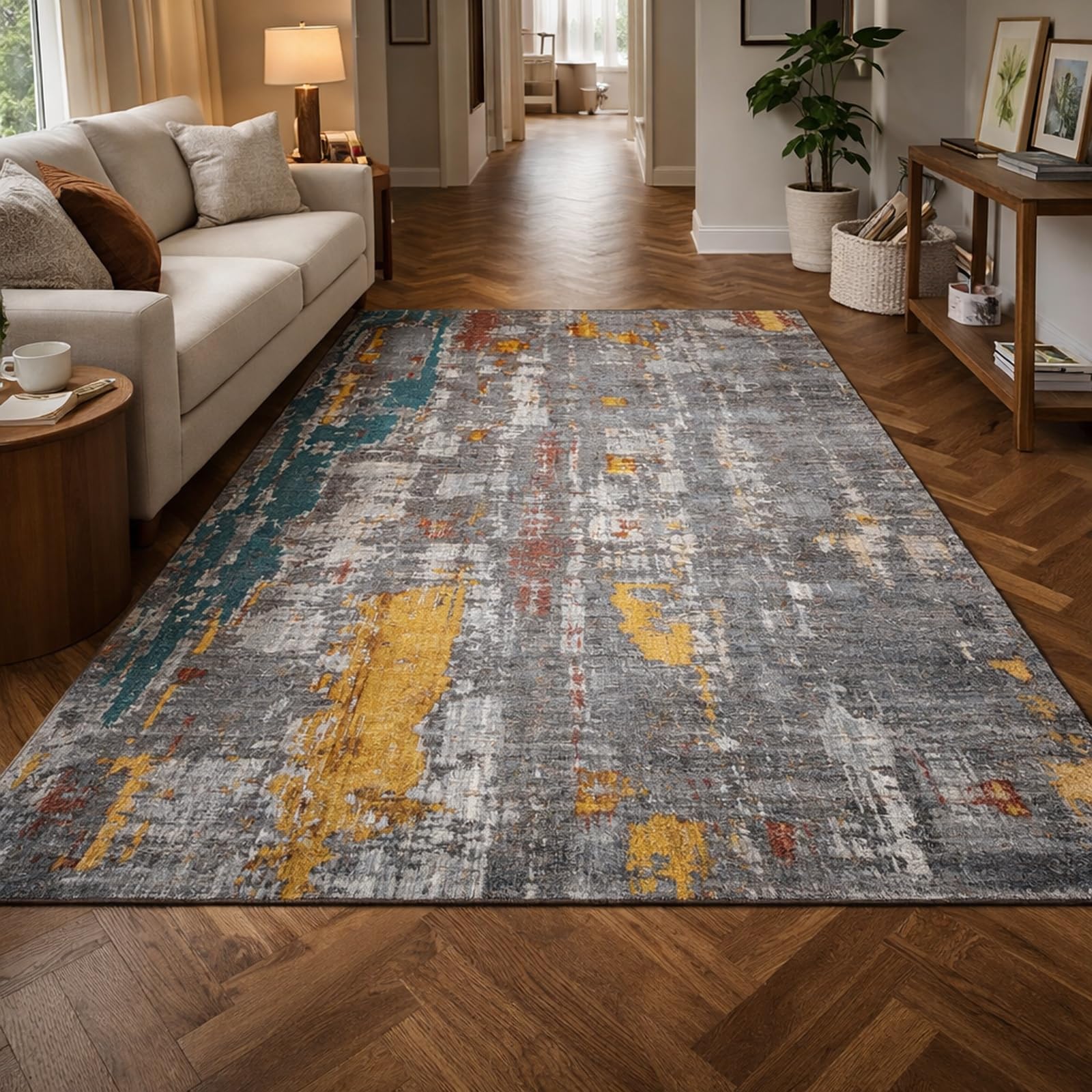 Tapis poils courts gris et jaune moderne pour salon et entrée 80x120 cm