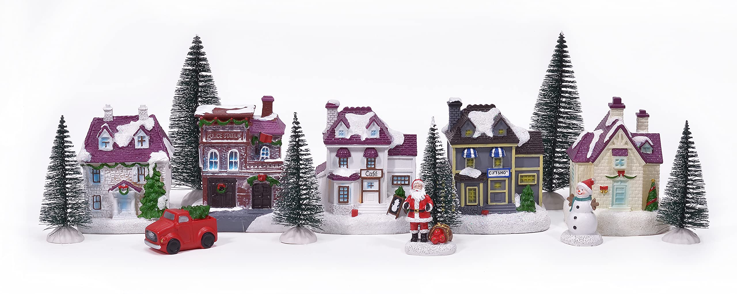 Mark Feldstein & Associates Resin Hometown Pre Lit LED Classic Winter Village Set, 14 Piece Set, with Trees and Accessories