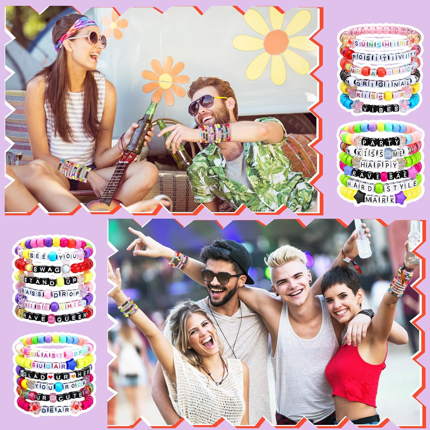 Equsion 24 Pcs Music Party Bracelets Rave Kandi Bracelets Wear and Trade Handmade Party Trinkets Vibes Alphabet Plur Music Festival Accessories Different Phrases Every Time for Women Men