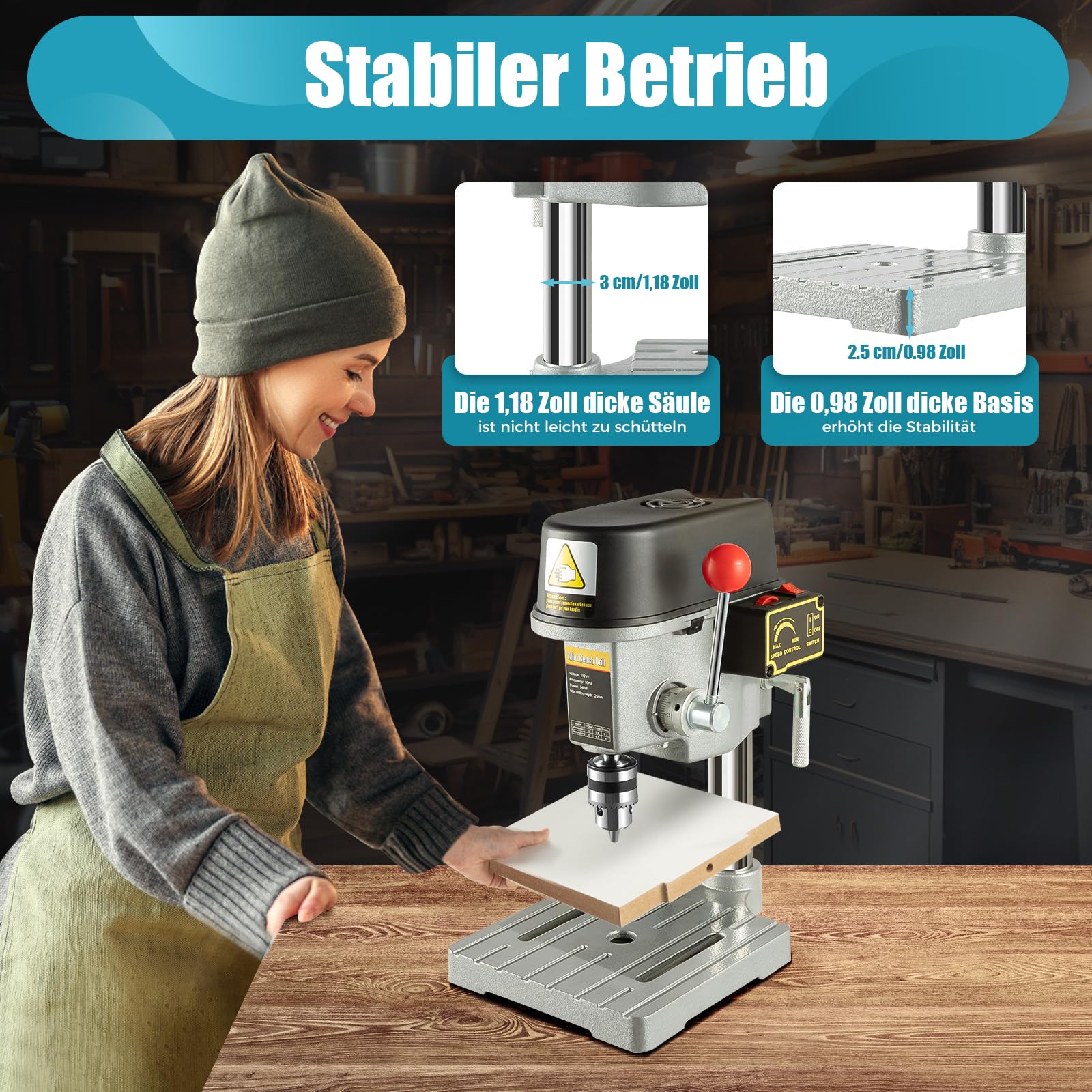 Tischbohrmaschine 340W, Standbohrmaschine, 3-Gang Geschwindigkeit (0-16000 U/min), Präzisionsbohrmaschine mit Gusseisenbasis für Holz, Kunststoff, Aluminium, DIY & Möbelmontage