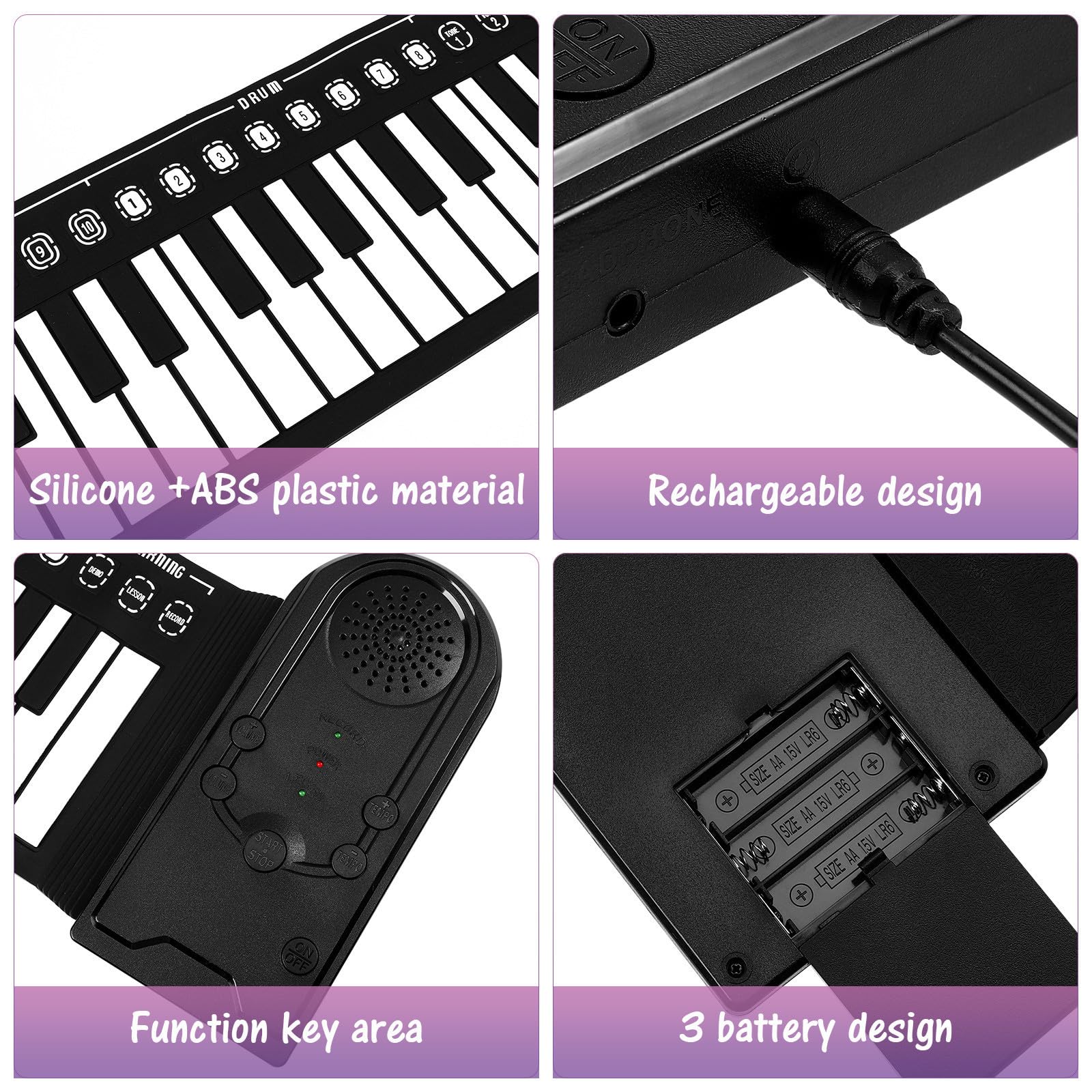 Pianoforte Arrotolabile Pieghevole 49 Tasti Nero in Silicone | Tastiera Elettronica Portatile, Sleep Automatico, Cavo USB Dc 6v, 3 Batterie Aa Vendute Separatamente