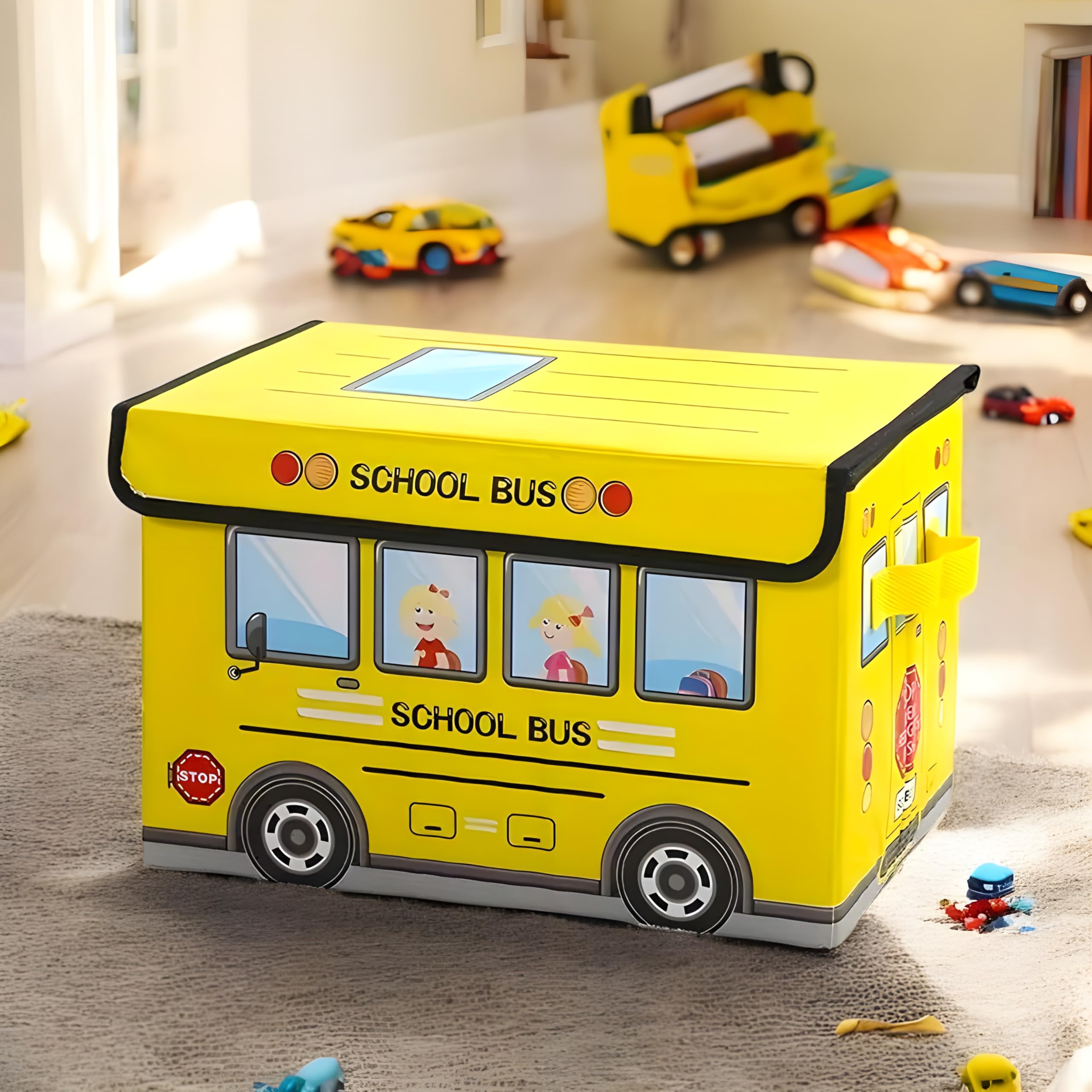 Urban Trendo School Bus kids Toy Storage Box โ Foldable Kids Toy Organizer with Lid | Storage Chest for Toys, Books & Clothes | Toys Box Storage & Kids Room Organizer (Yellow)