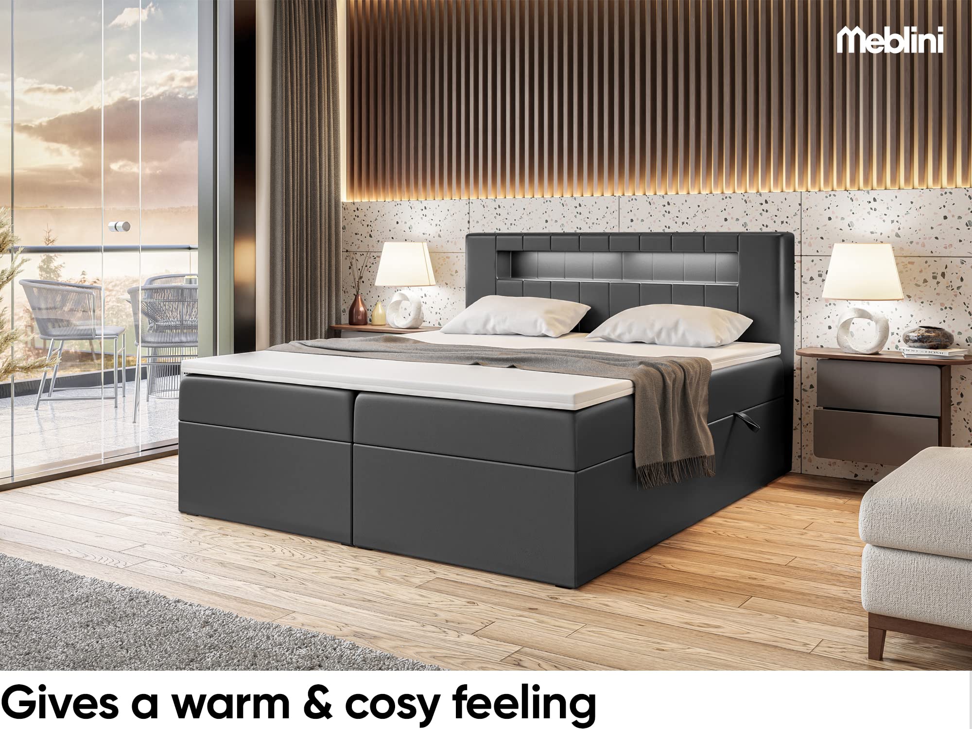 MEBLINI Boxspringbett mit Bettkasten - Bett mit LED Kopfteil - Gepolstert Doppelbett mit Matratze und Topper - Polsterbett mit Stauraum - Stauraumbett - ASPIN - 180x200 - H3/Schwarz Kunstleder
