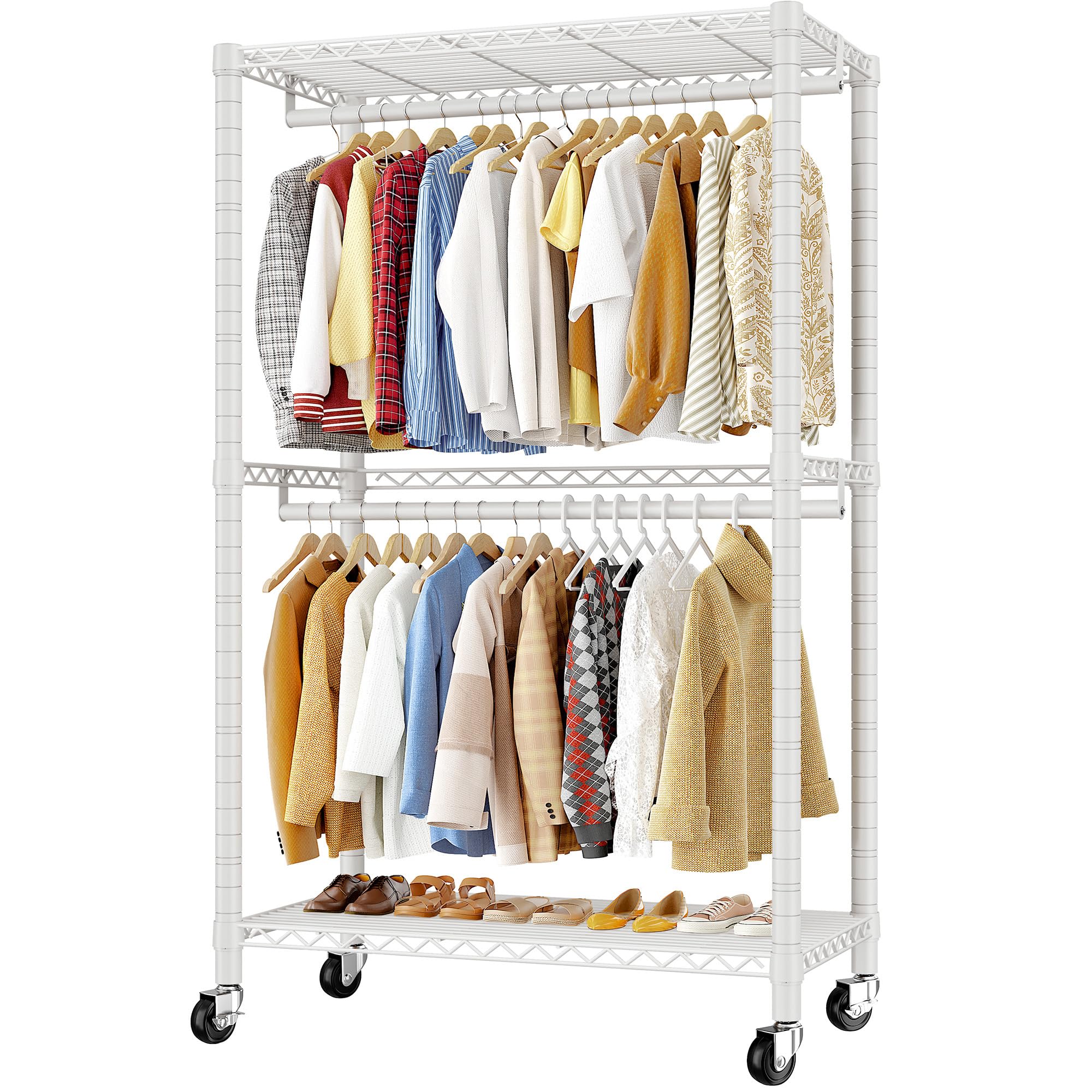 REIBII Clothes Rack, Clothes Rail, 200 CM Tall Heavy Duty Clothes Rail for Bedroom, Portable Clothing Rail on Wheels with Adjustable Shelves, Open Wardrobe for Bedroom, White