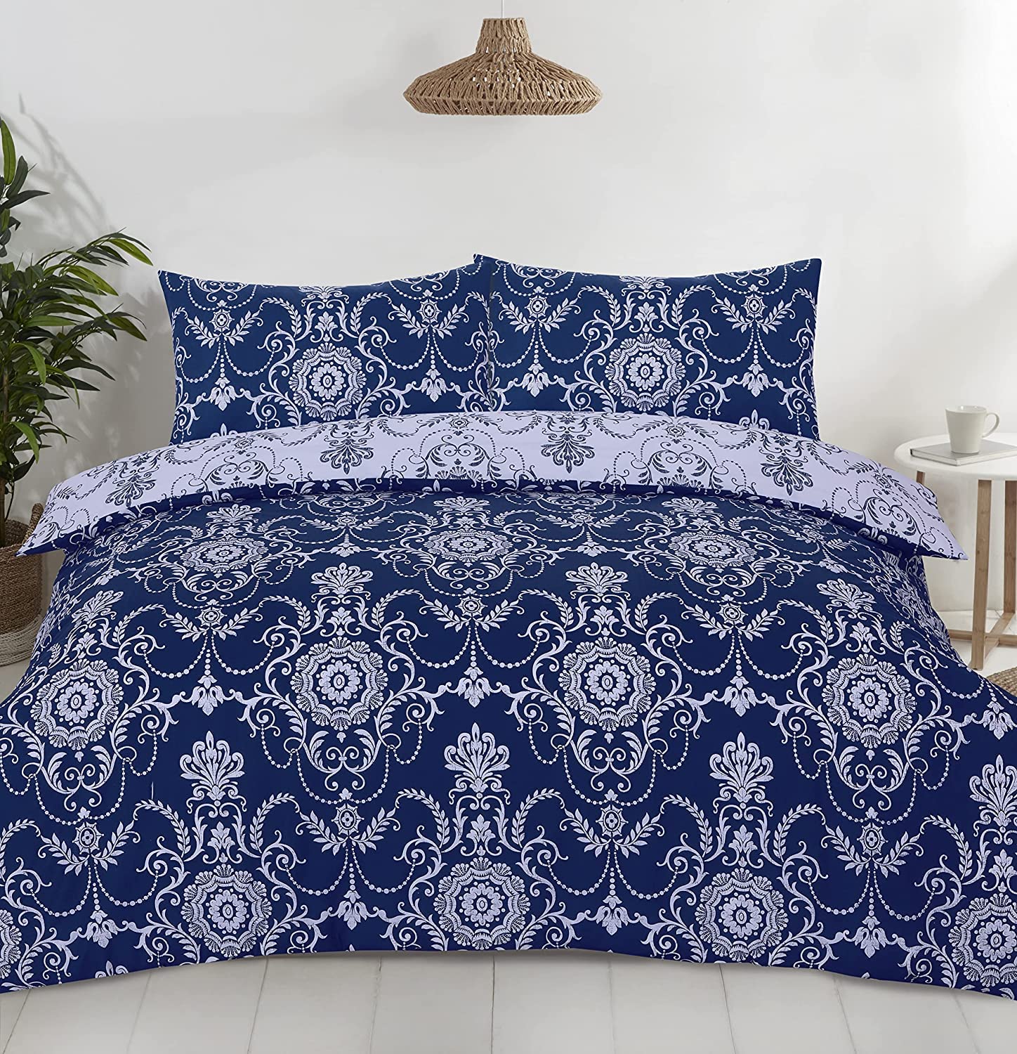 Night Comfort Damask Baroque - Blue Percale Duvet Cover Set With Pillowcase - Damask Baroque Luxury Cotton Blend Reversible Bed Set Quilt And Pillow Cover (Blue, King)