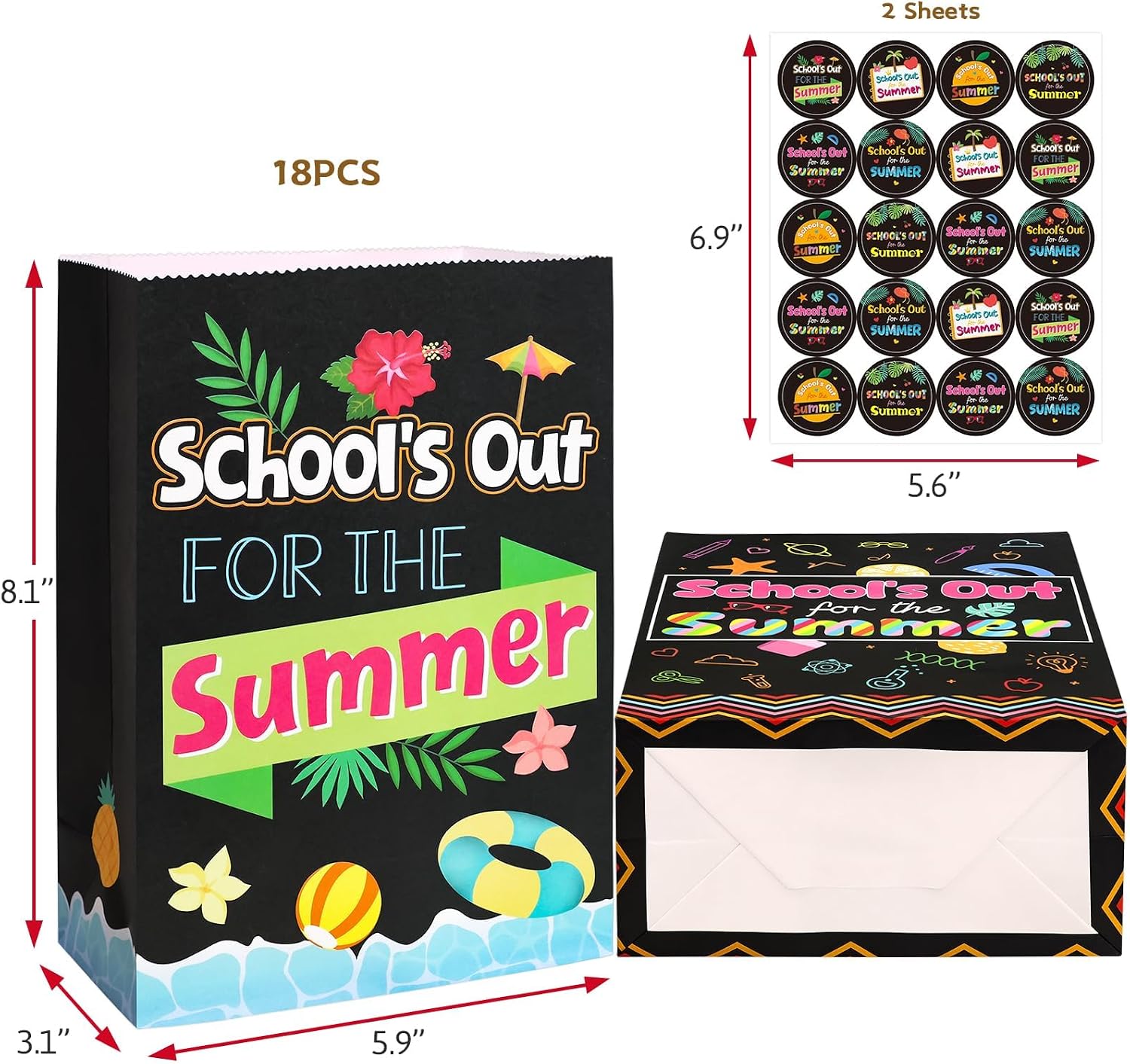 Fancy Land End of Year Party Bags 18PCS School's Out Paper Treat Bags with Stickers Summer Classroom Decoration Party Supplies