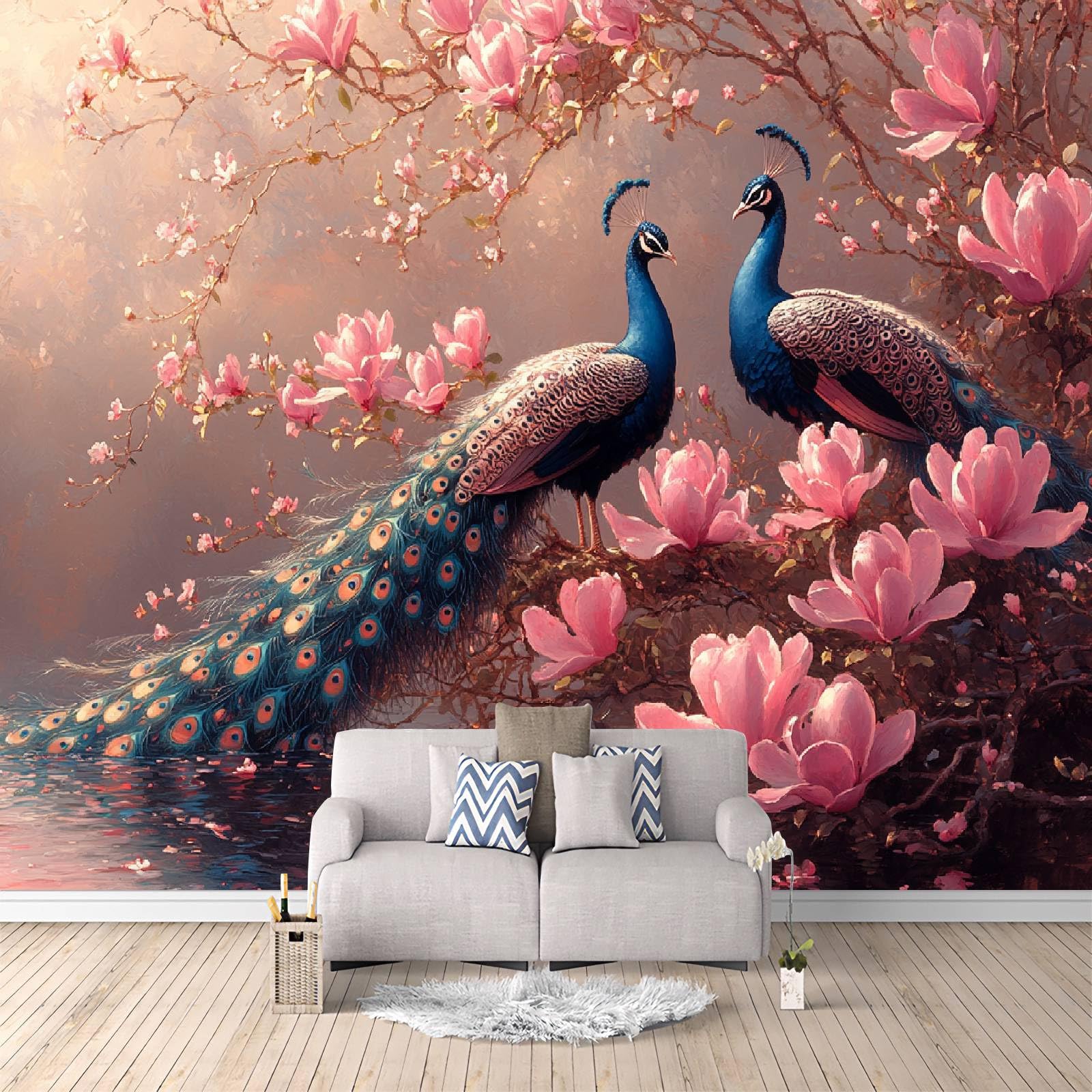 Fototapeta paw 250 x 175 cm, tapeta z włókniny XXL, nowoczesna tapeta ścienna, różowe kwiaty, paw, salon, sypialnia, efekt 3D, dekoracja ścienna, ptaki zwierzęce, do pokoju dziecięcego, jadalni