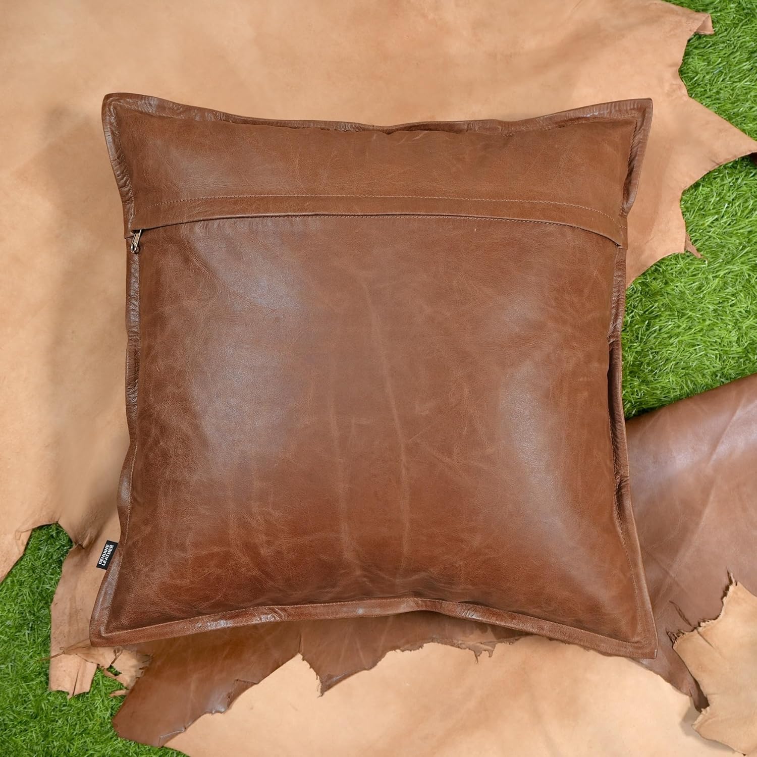 Lambskin Leather Pillow Cover - Decorative Sofa Cushion Case - Throw Covers for Living Room & Bedroom, 16" x 16" - Beige Pack of 2