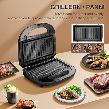 5-in-1 Belgian Waffle Maker, 750W Power Sandwich Maker, Non Stick Panini Press Grill, 2-Slice Compact Toaster, Electric Grilled Cheese Maker, 3 Detachable Plates, LED Indicator Lights, Suitable for Breakfast & Snacks