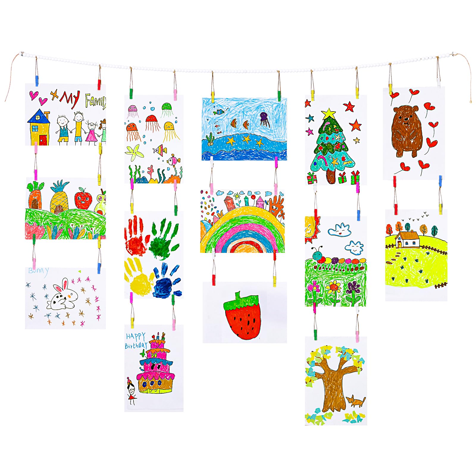 KLOGTSINDKids Art Display Wall Decor, Wooden Beads Garland Frame Holder with 34 Clips for kids artwork, Photo, Wall Hanging Boho Room Bedroom Decor