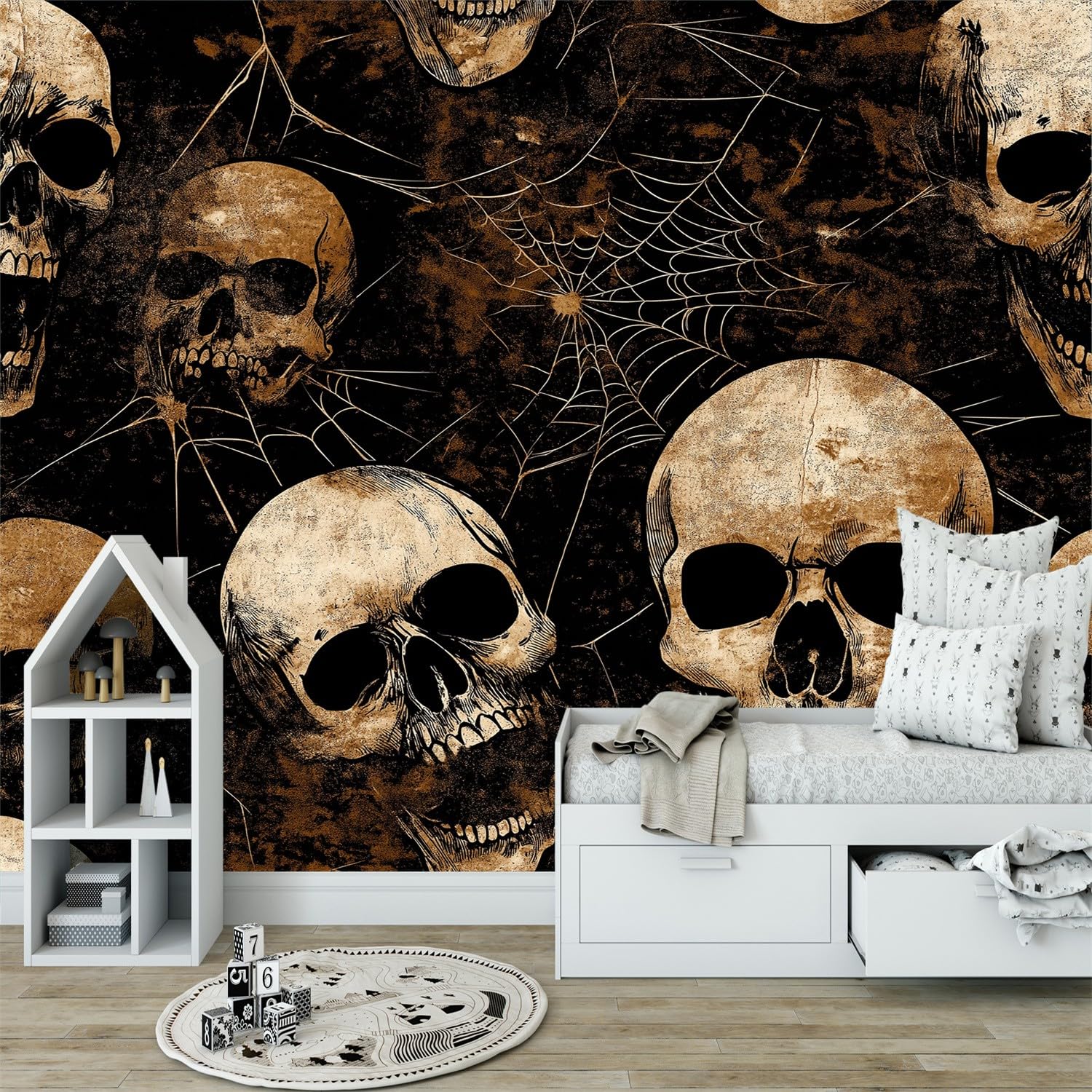 Fototapeta w stylu horroru, trupia czaszka, pajęczyna, tapeta ścienna, tapeta ścienna, horror, nowoczesna dekoracja ścienna, dekoracja ścienna, salon, sypialnia, biuro, korytarz, 300 x 210 cm (szer. x