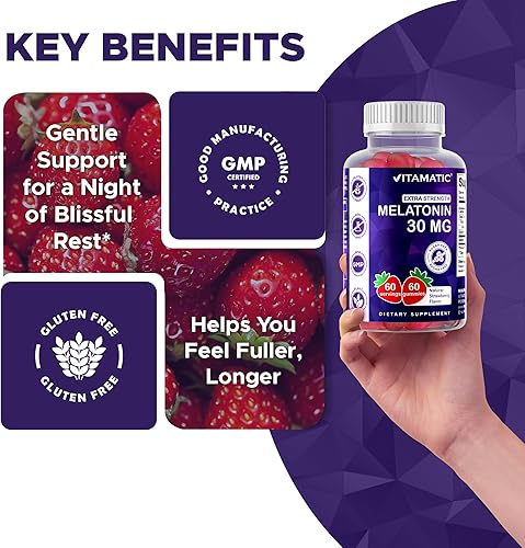Miniatura 5 de Vitamatic Melatonina sin azúcar, 30 mg por gomita, 60 porciones, 60 gomitas vegetarianas, suplemento que no forma hábito (60 unidades (paquete de 3))
