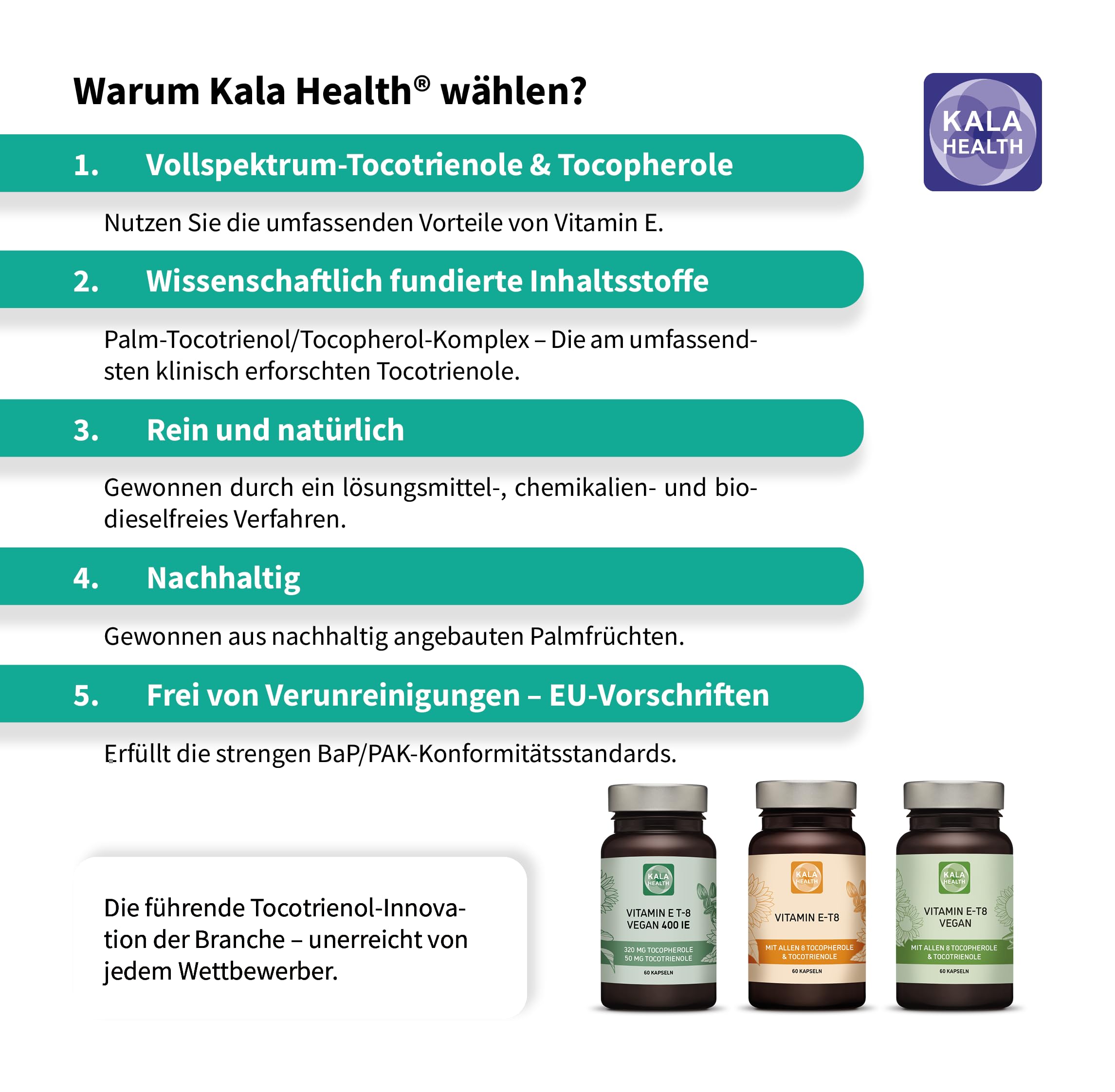Kala Health Vitamin E - Einzigartige Formel mit allen 8 Tocopherolen und Tocotrienolen - 60 Vitamin E8 T8 Antioxidantien für Haar, Haut & Anti-Aging - GMO & PAK-frei - Hergestellt in der EU