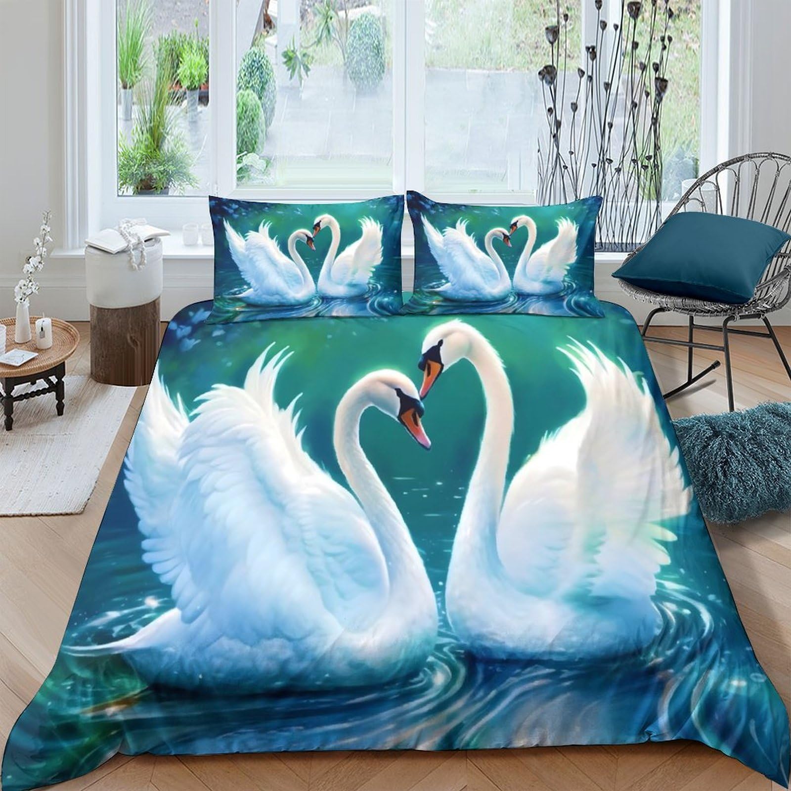 Ctjqhvkz Style-7 3D Printed Swan Lake Fitted Sheet Microfiber Soft Bedroom Decor Romantic Heart Bed Cover Mattress Protection Single（135X200cm）
