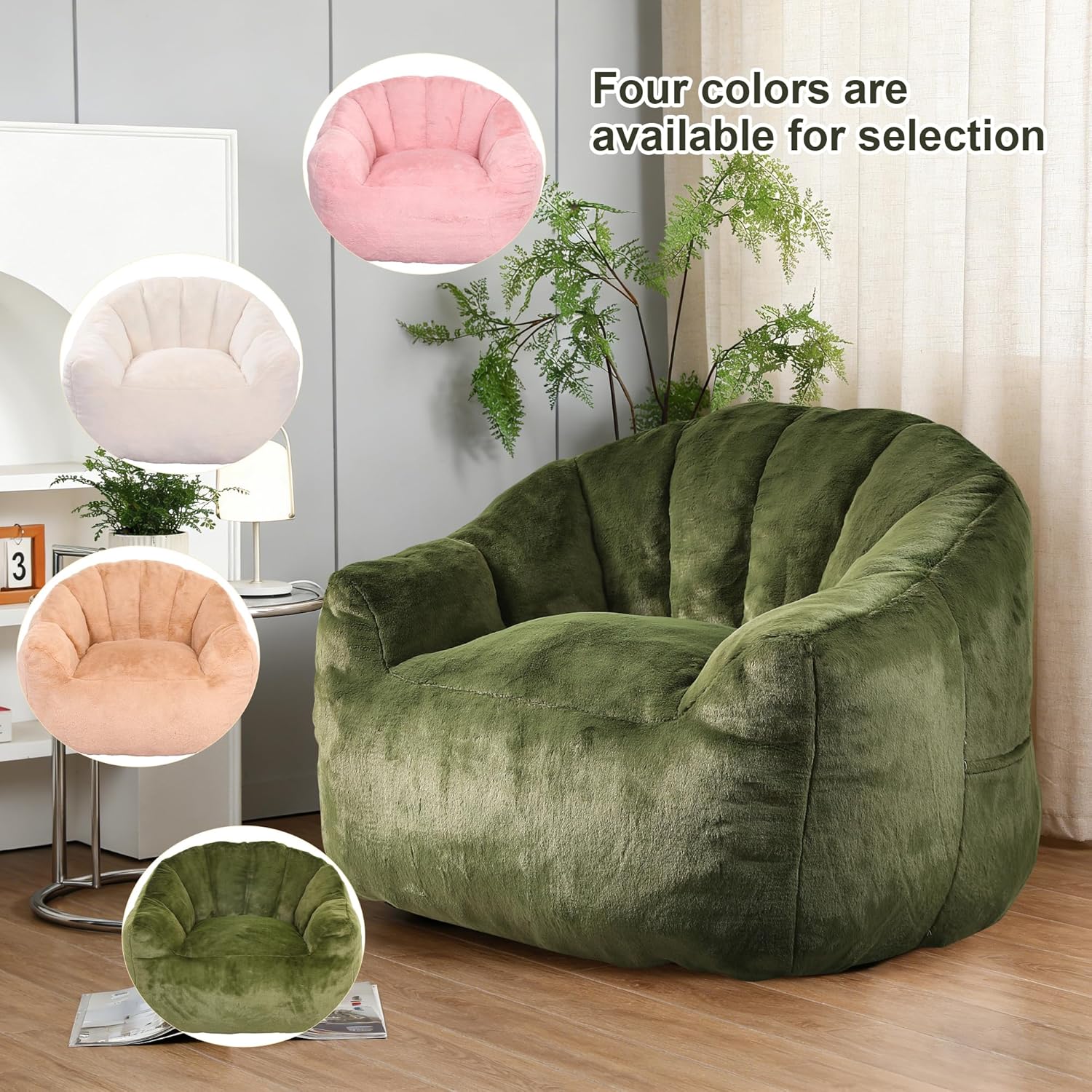 Bean Bag Chair, Bean Bag Couch for Adults and Kids, Comfy Shell-Shaped Chair with Filler Armrests Stuffed High-Density Foam Stuffed Sofa Lounge Floor Sofa for Bedroom,Gaming, Reading,Green