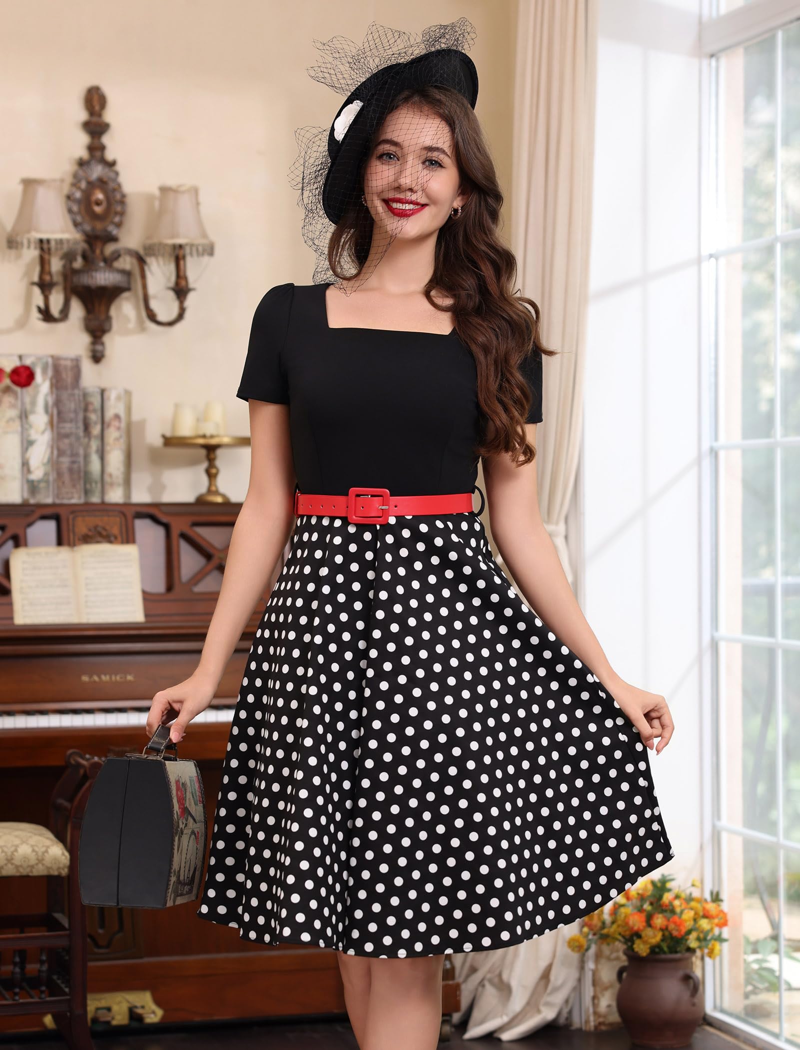 Abito da donna vintage anni '50, stile rockabilly, retrò, anni '50, motivo floreale a pois, Audrey Hepburn, per tea party, cocktail party, con cintura