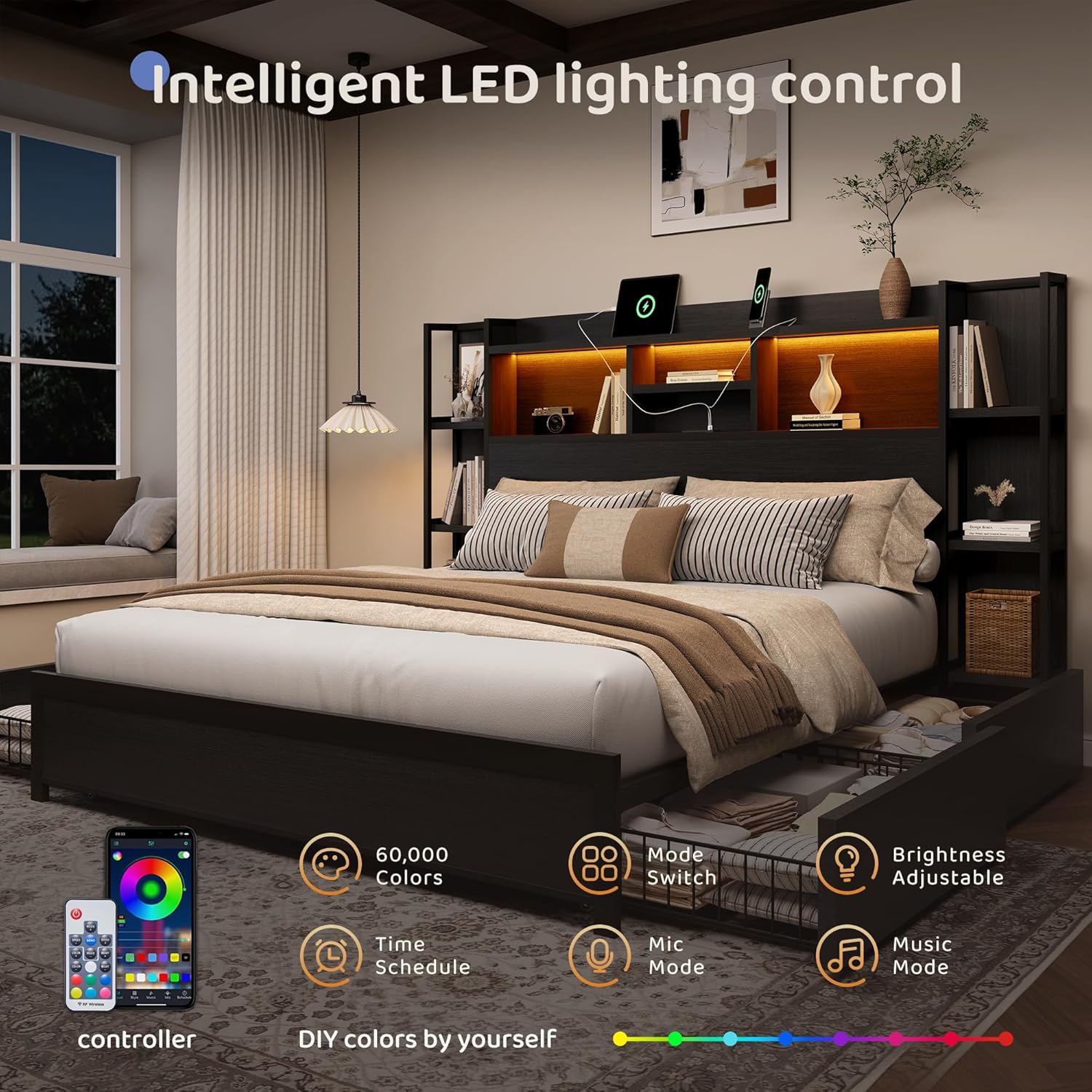 King Size Bed Frame with 4 Storage Drawers and Headboard Featuring Shelf Storage, Wooden Platform Bed Frame with LED Lights and Charging Station, Easy Assembly/No Box Spring Needed/Black