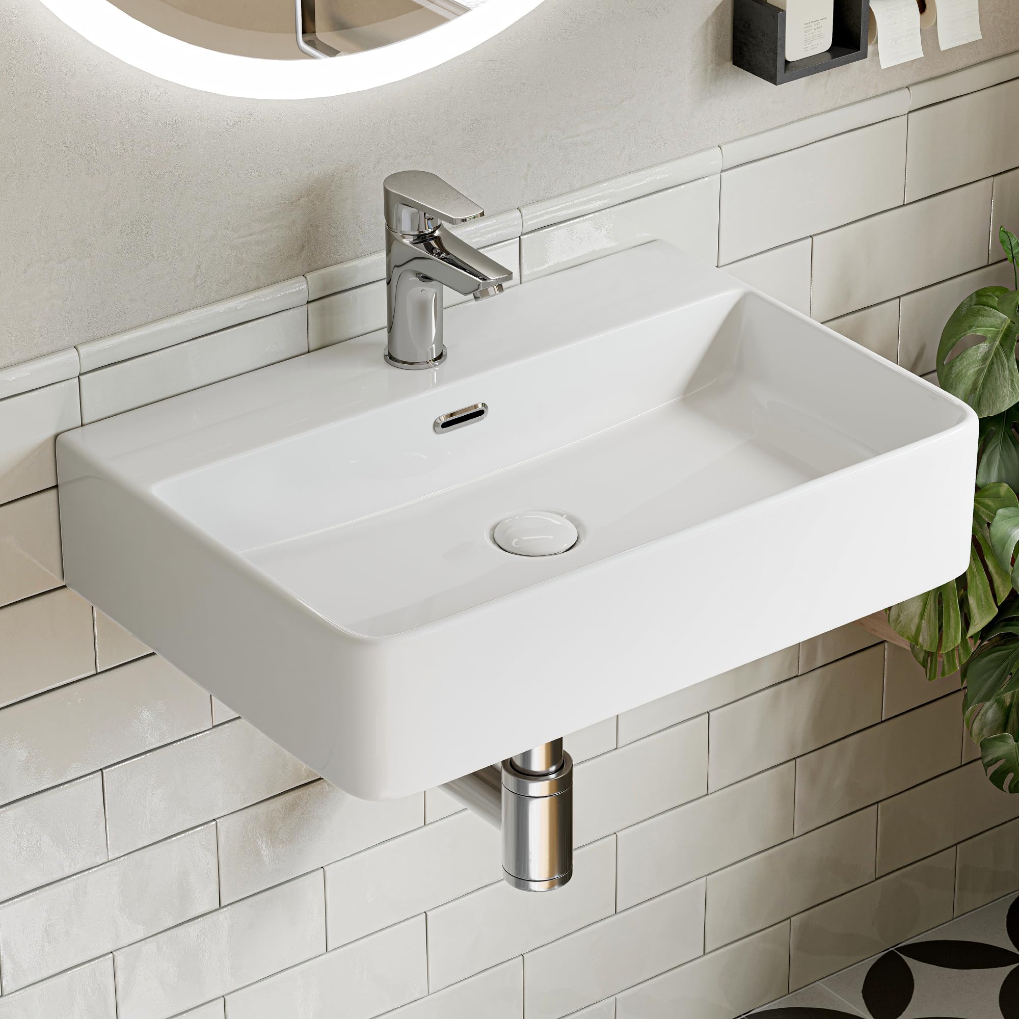 HOROW Lavabo da Appoggio 60 cm Lavandino Bagno Rettangolare Sospeso Moderno, Lavabo Bagno in ceramica con Un Foro per Rubinetto e Troppopieno