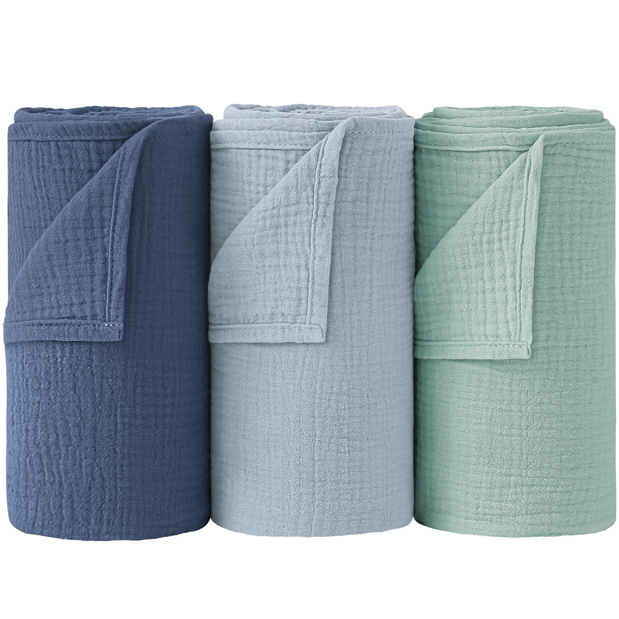 bearmoss 100% Mussole Neonato Cotone Coperte 120x120cm, Coperte di Ricezione Traspiranti e Morbidissime per Bambini, Ragazzi e Ragazze Unisex 3 pack (Indigo)