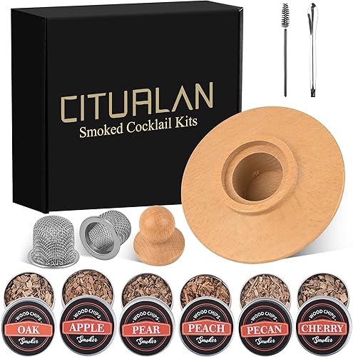 Vista 8 de Kit de ahumador de whisky de 23 piezas con antorcha y 6 sabores de virutas de madera, 2 vasos de whisky, bourbon, kit de infusor de ahumador