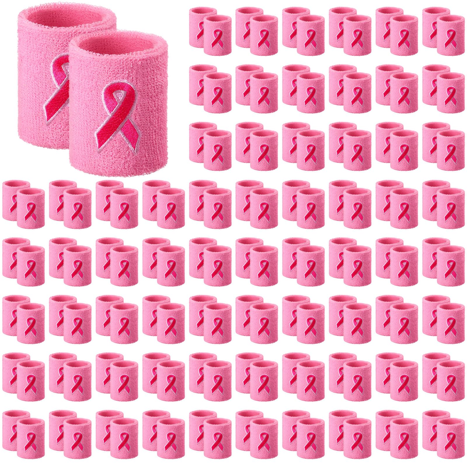 100 Stück rosa Bänder Armbänder Brustkrebs Bewusstsein Armbänder Schweißbänder Frottee Sport Armband Athletic Handgelenk Schweißbänder für Tennis Basketball Laufen Gym Training