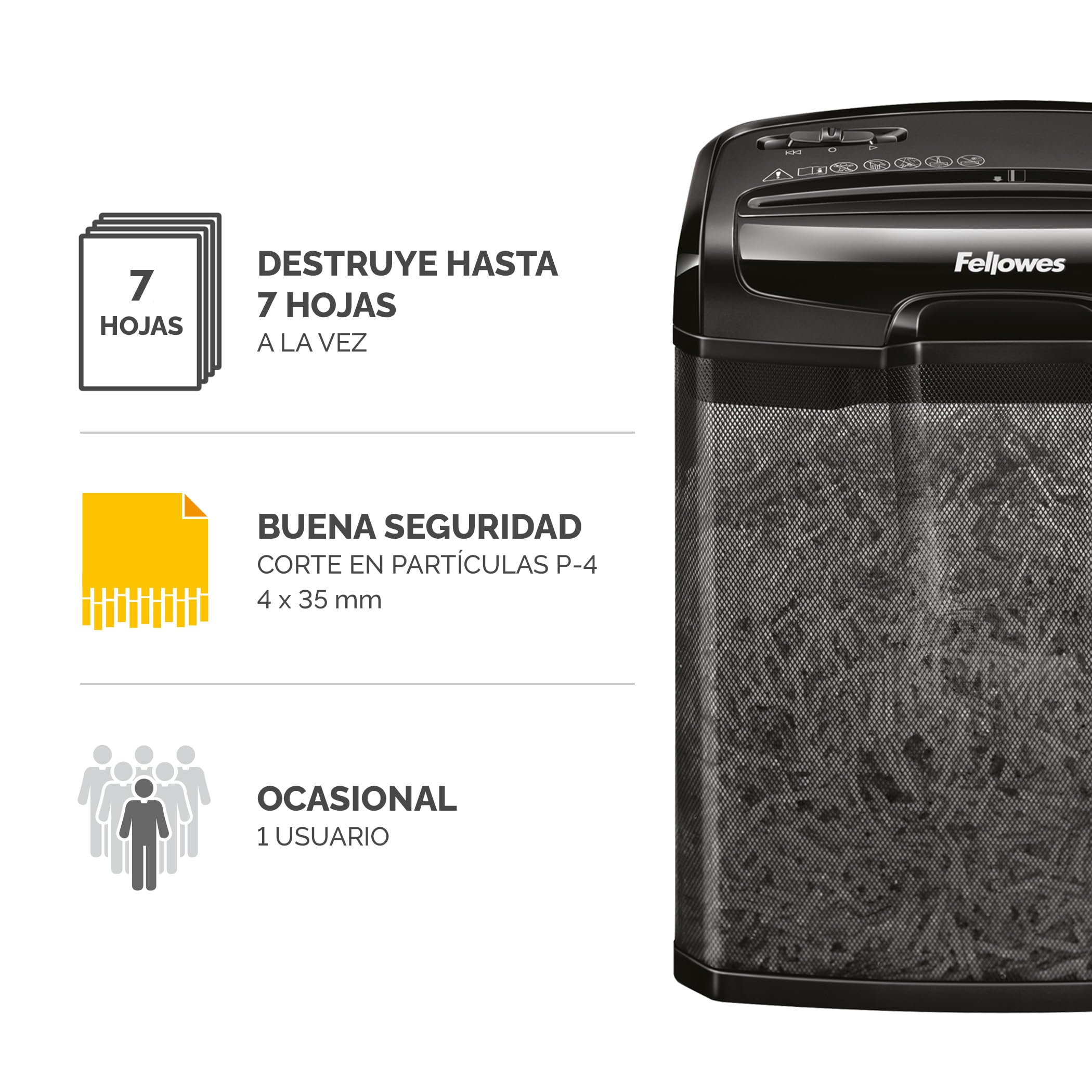 Fellowes M-7CM - Destructora trituradora de Papel, Corte en partículas, destruye hasta 7 Hojas, Uso Personal, tritura Tarjetas de crédito