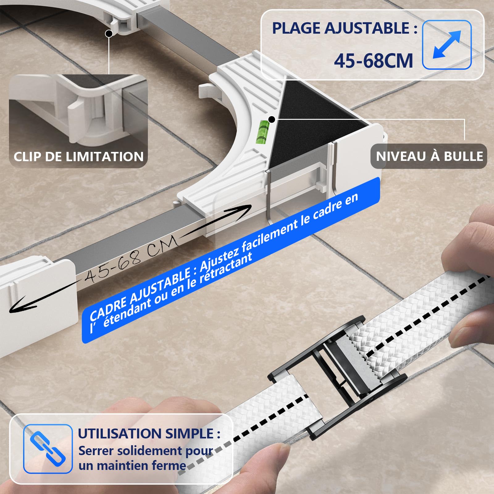 Slimline Kit d'empilage pour Lave-Linge et sèche-Linge, Cadre Universel Ultra Fin pour appareils de 45 à 68 cm, Design Peu encombrant avec Sangle à cliquet et 4 Crochets Multifonctions (Blanc)