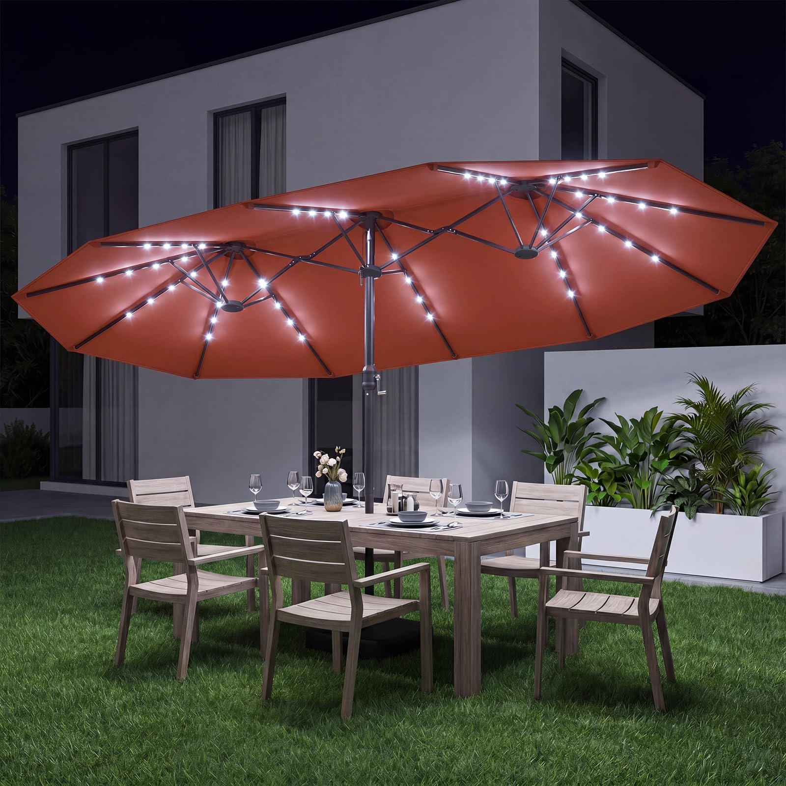 RELAX4LIFE Doppelsonnenschirm mit Ständer & LED-Solar-Beleuchtung, 450 x 260 cm, extra großer Sonnenschirm, UPF 50+, Gartenschirm mit Kurbel, Marktschirm Sonnenschutz für Garten & Terrasse (Orange)