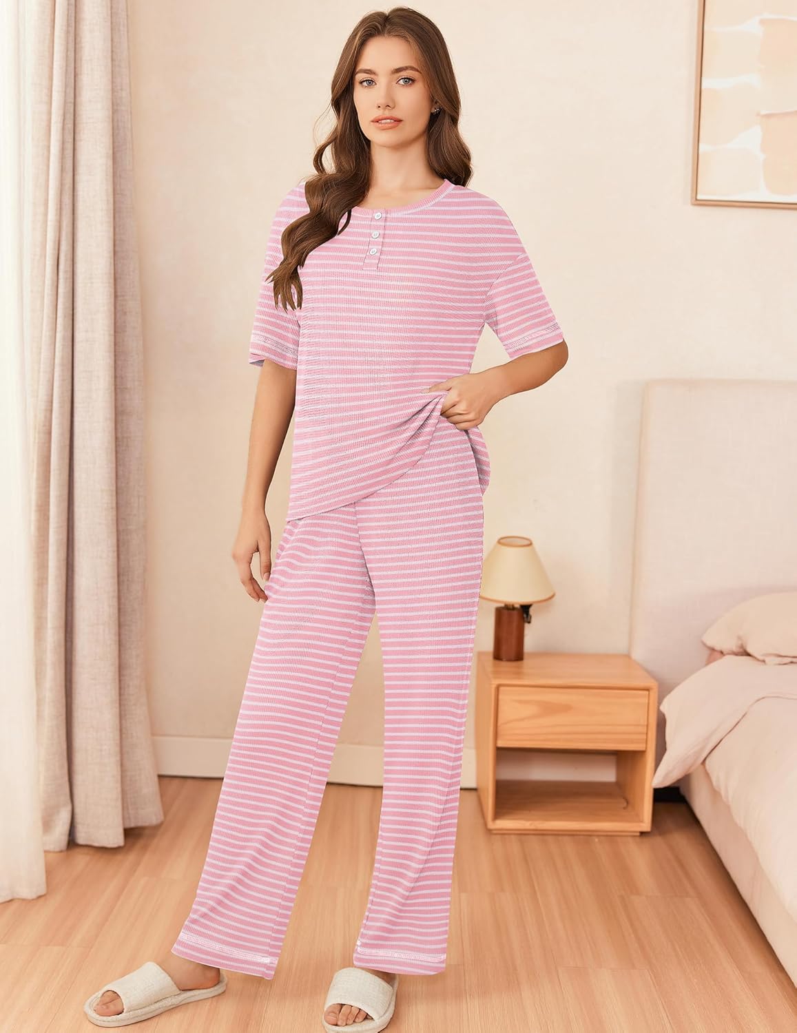 Ekouaer Lounge Sets for Women Waffle Knit Womens Pajama Sets 2 Piece Pjs Sets with Pockets Short Sleeve Top Long Pant - Image 3