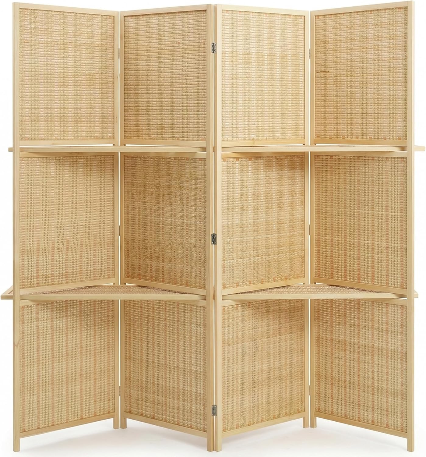 Bluecat 4 Panel Bamboo Room Divider with Shelves, Lightweight Privacy Screen for Bedroom Home Office, No Assembly Required, Brown Bamboo