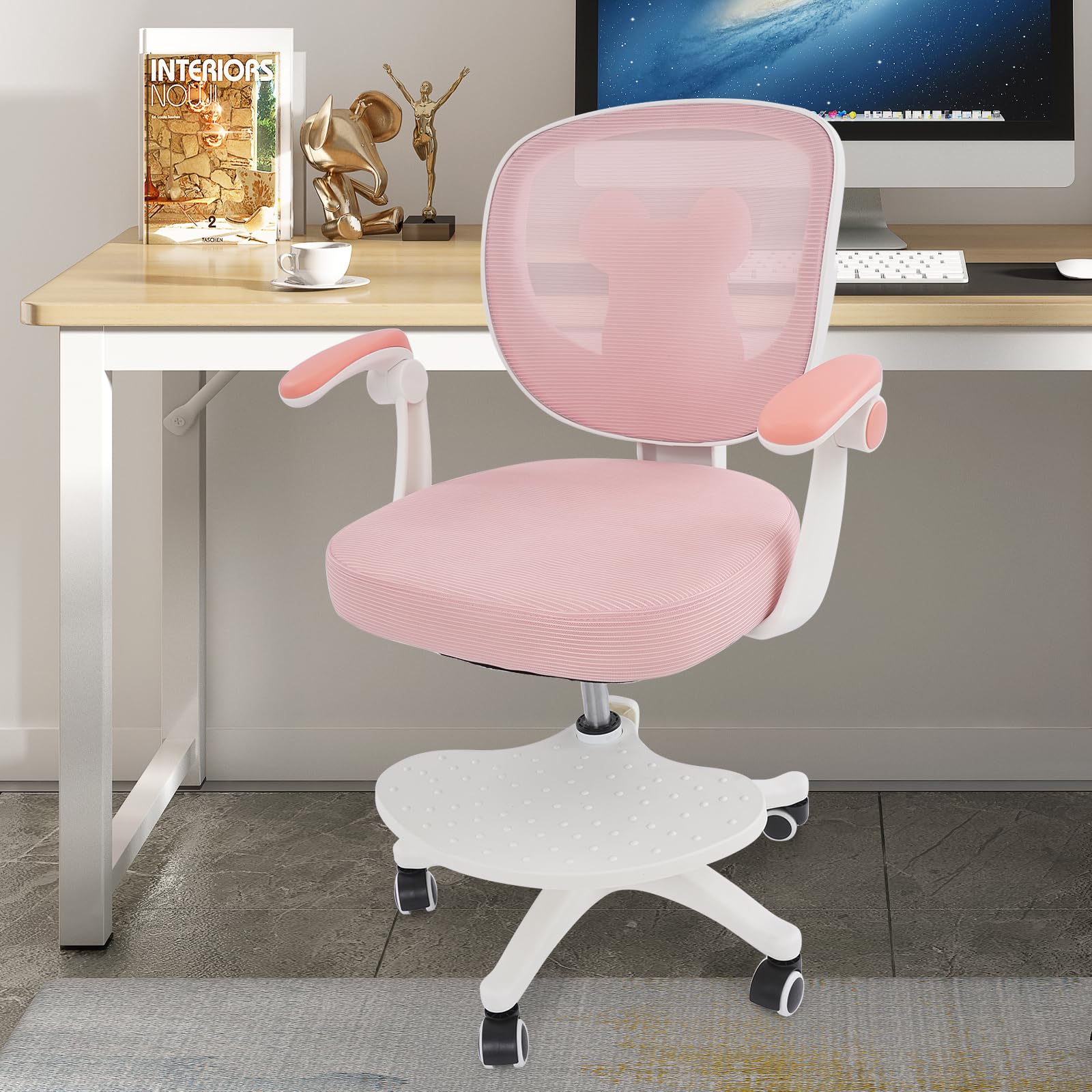 Sedia da scrivania per bambini dai 6 anni in su, regolabile in altezza, per bambini, ergonomica, con braccioli, schienale e ruote, per ragazzi e ragazze (rosa)