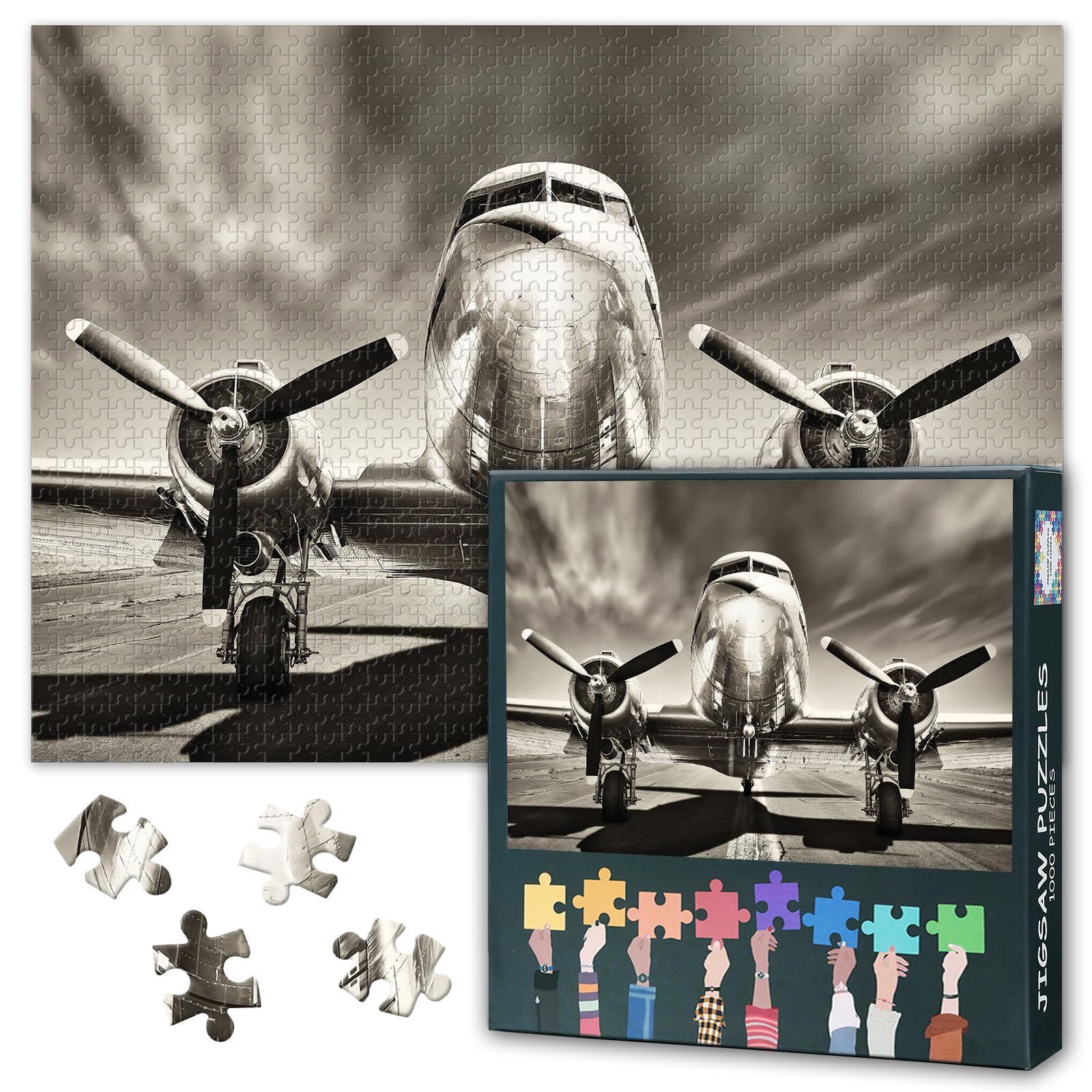 1000 Piece Jigsaw Puzzle for Adults Black and White Vintage Aircraft Art Turbine Fighter Plane Military Aviation Decor Challenging Puzzle Gift 27.5 x 19.7 Inches