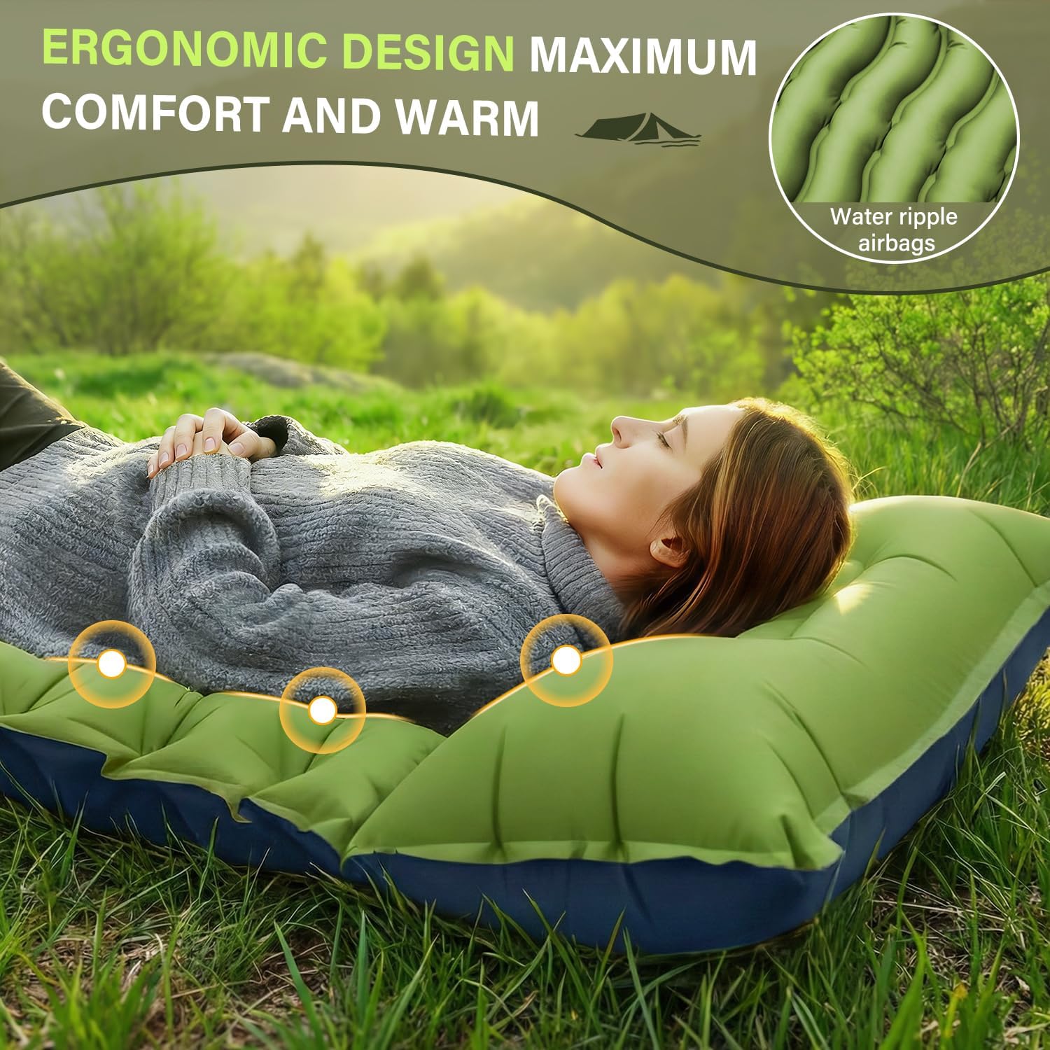 Camping Sleeping Pad, Ultralight Camping Mat with Pillow, Built-in Foot Pump Inflatable Sleeping Pads Compact for Camping Backpacking Hiking Traveling Tent,Single,Green