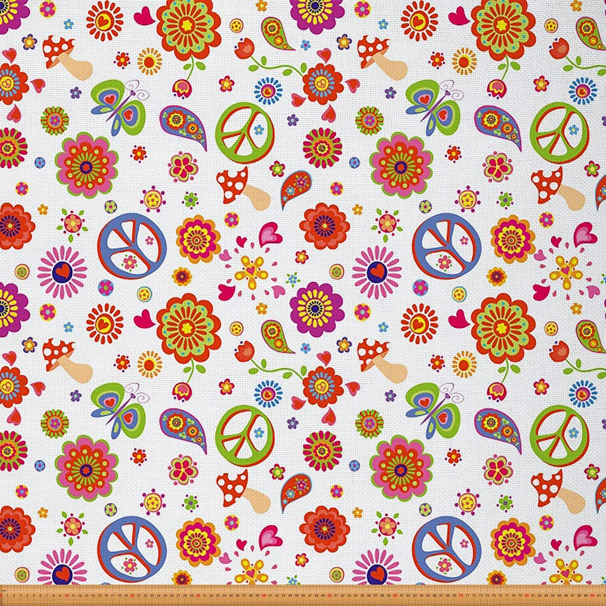 Hippie Peace Art Upholstery Fabric by The Yard Cute Mushroom Decor Floral Flowers Reupholstery Fabric for Chairs Kawaii Butterfly Heart Love Room Fabric for Outdoor 5 Yards (L460*W150cm) Colorful