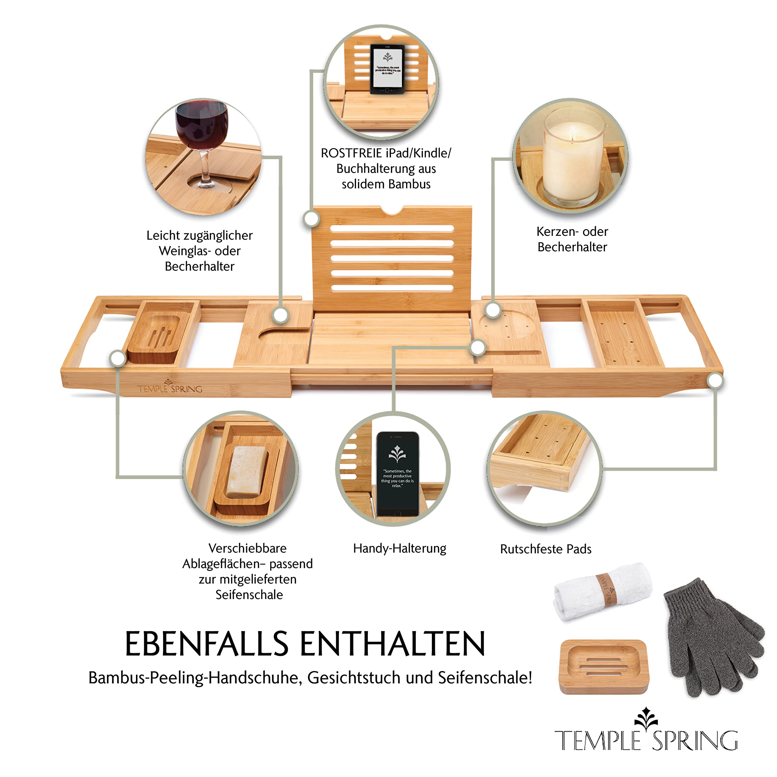 Badewannentablett Aus Bambus – Faltbar, Ausziehbar – Mit Fach Für Buch/Tablet & Getränkehalter