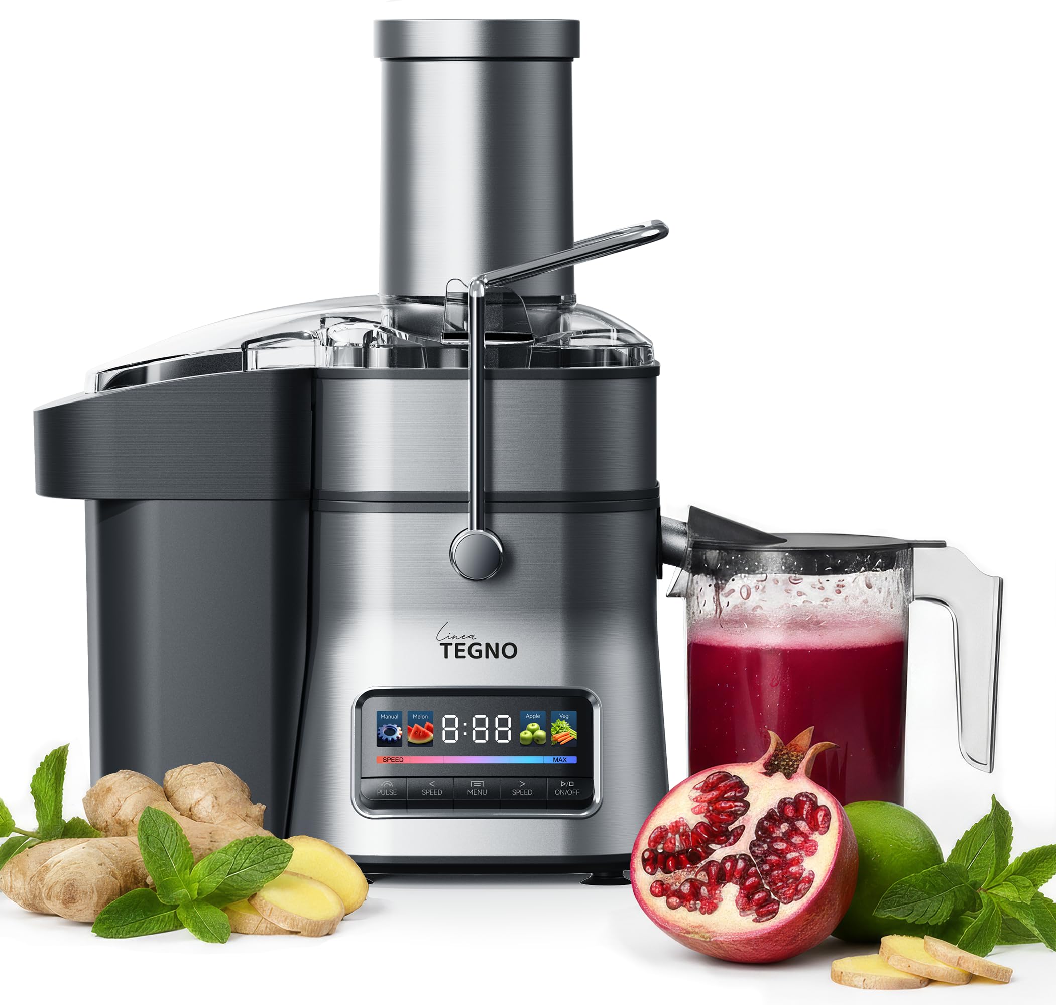 Super Juicer - Linea Tegno - Professioneller Edelstahl Entsafter - Entsafter für Obst und Gemüse - 1500W - Extra große Einfüllöffnung - 2,5L Fruchtfleischbehälter - 1L Saftbecher, LED-Farbdisplay