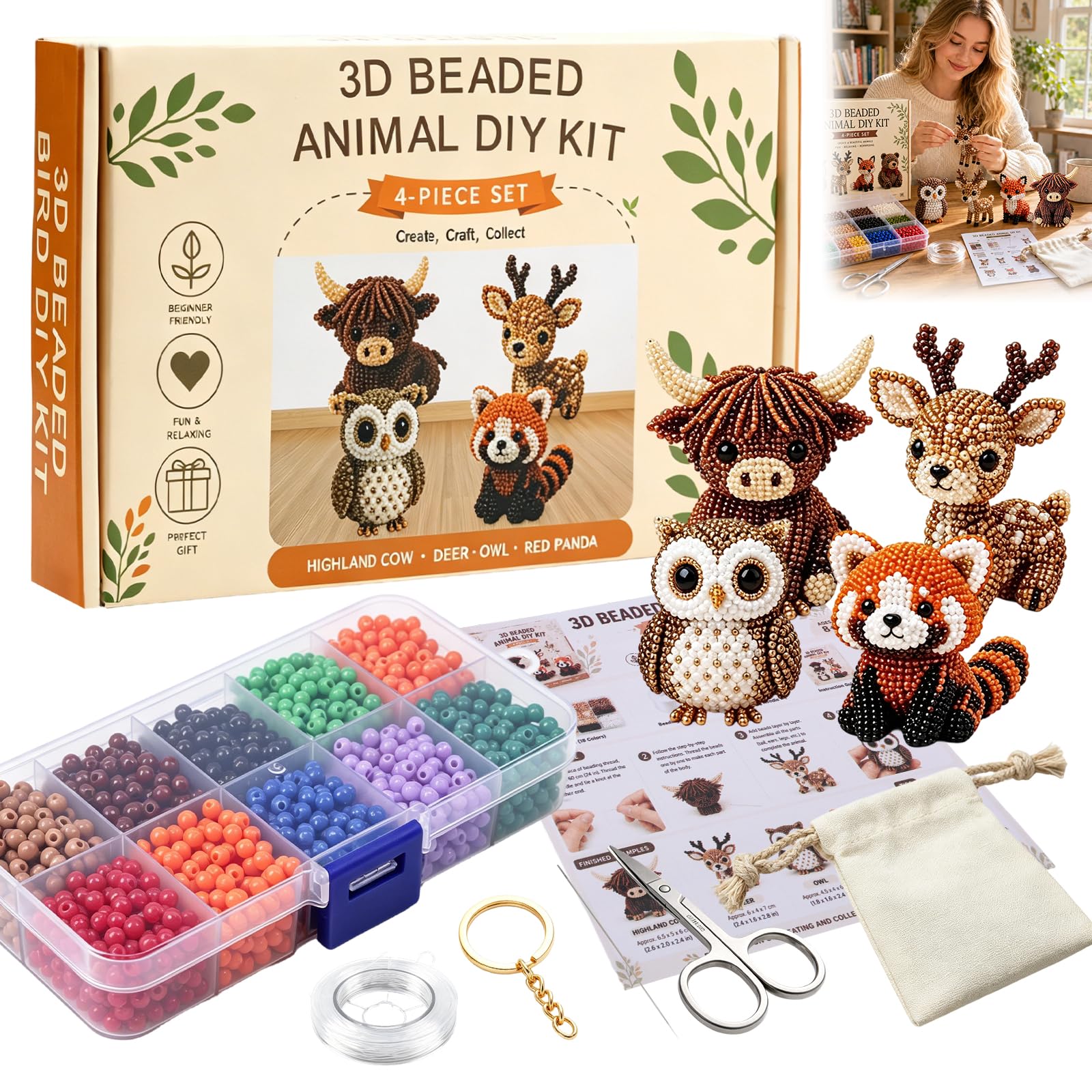 Photo 1 of Tiny 3D Beaded Animal DIY Kit-Bead Animal Making Kit for Beginners Adults,Mini 3D Beaded Animals Craft Set, Cute Handmade Bead Art Mosaic Kit with Instructions, Stress Relief Creative Desk Decor Gift