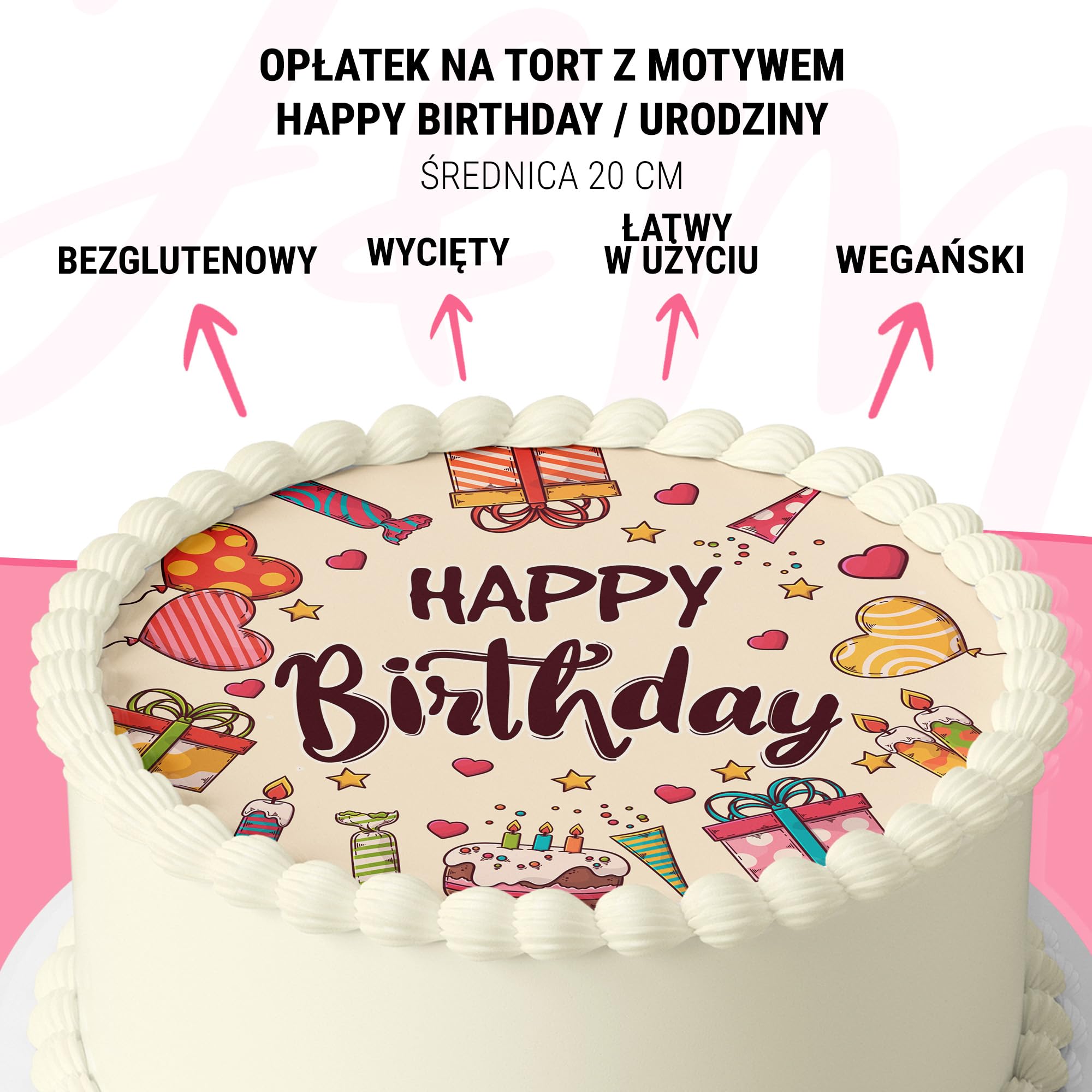 J&M DECO Opłatek na tort Happy Birthday Ø20 cm – jadalna dekoracja urodzinowa z napisem – topper urodzinowy dla dzieci i dorosłych – bezglutenowy i wegański