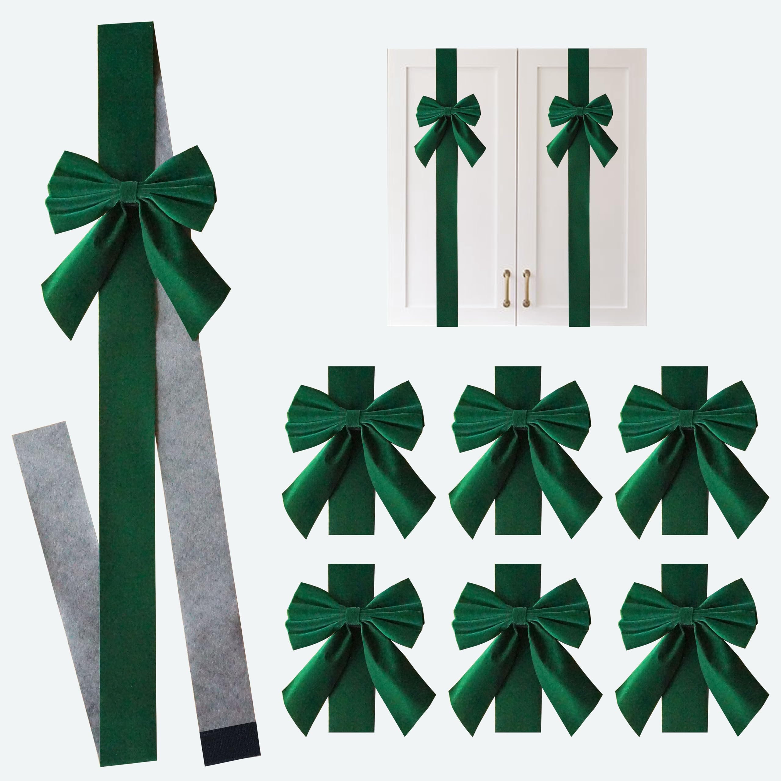 SKOVVART 6 PCS Christmas Green Velvet Cabinet Door Ribbon and Bows, Thick Velvet Bow for Cabinets Furniture and Kitchen Christmas Party Decorations (