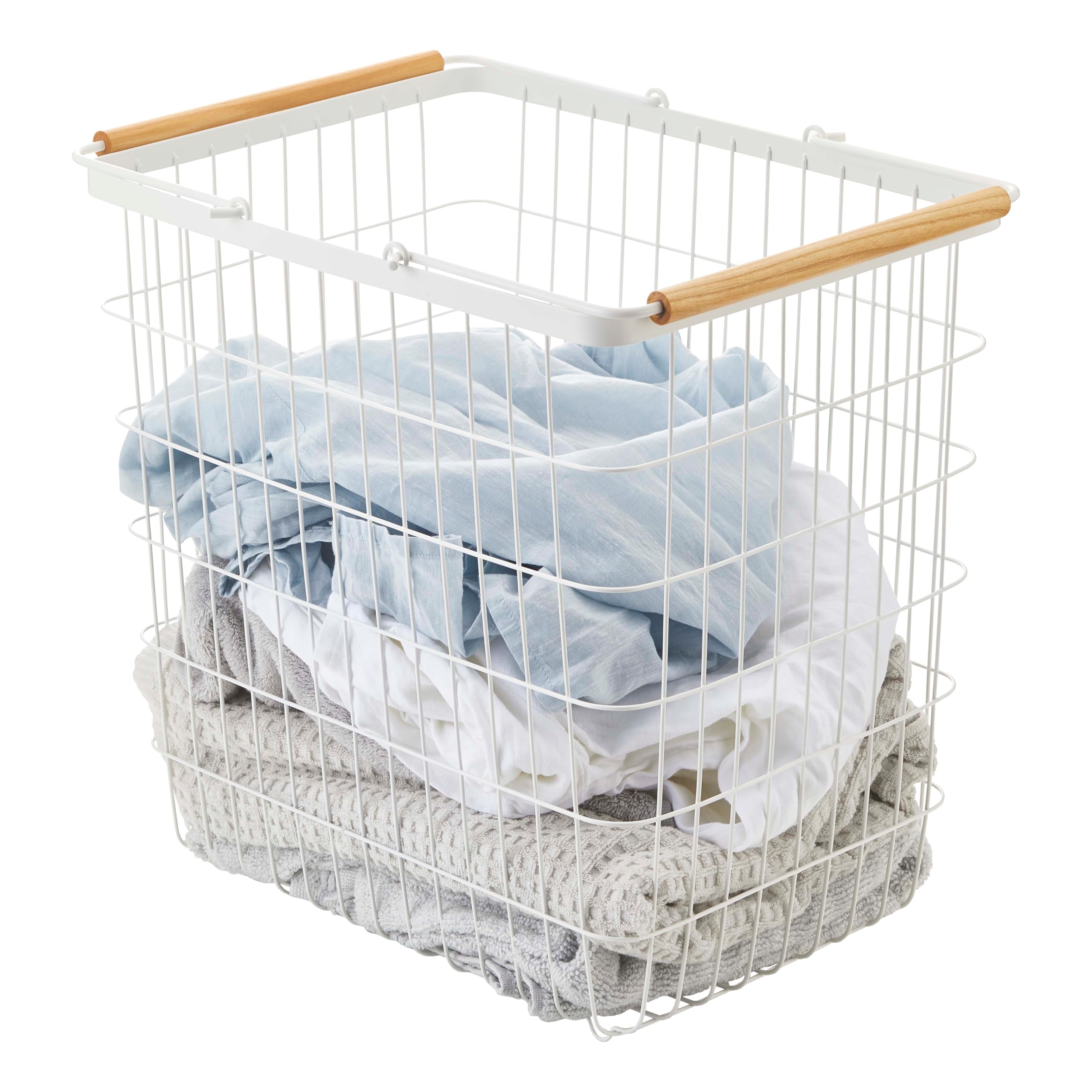 Yamazaki 2810 TOSCA Laundry Basket Large, white, Steel/Wood, Minimalist, 41.5 x 31 x 38.5 cm